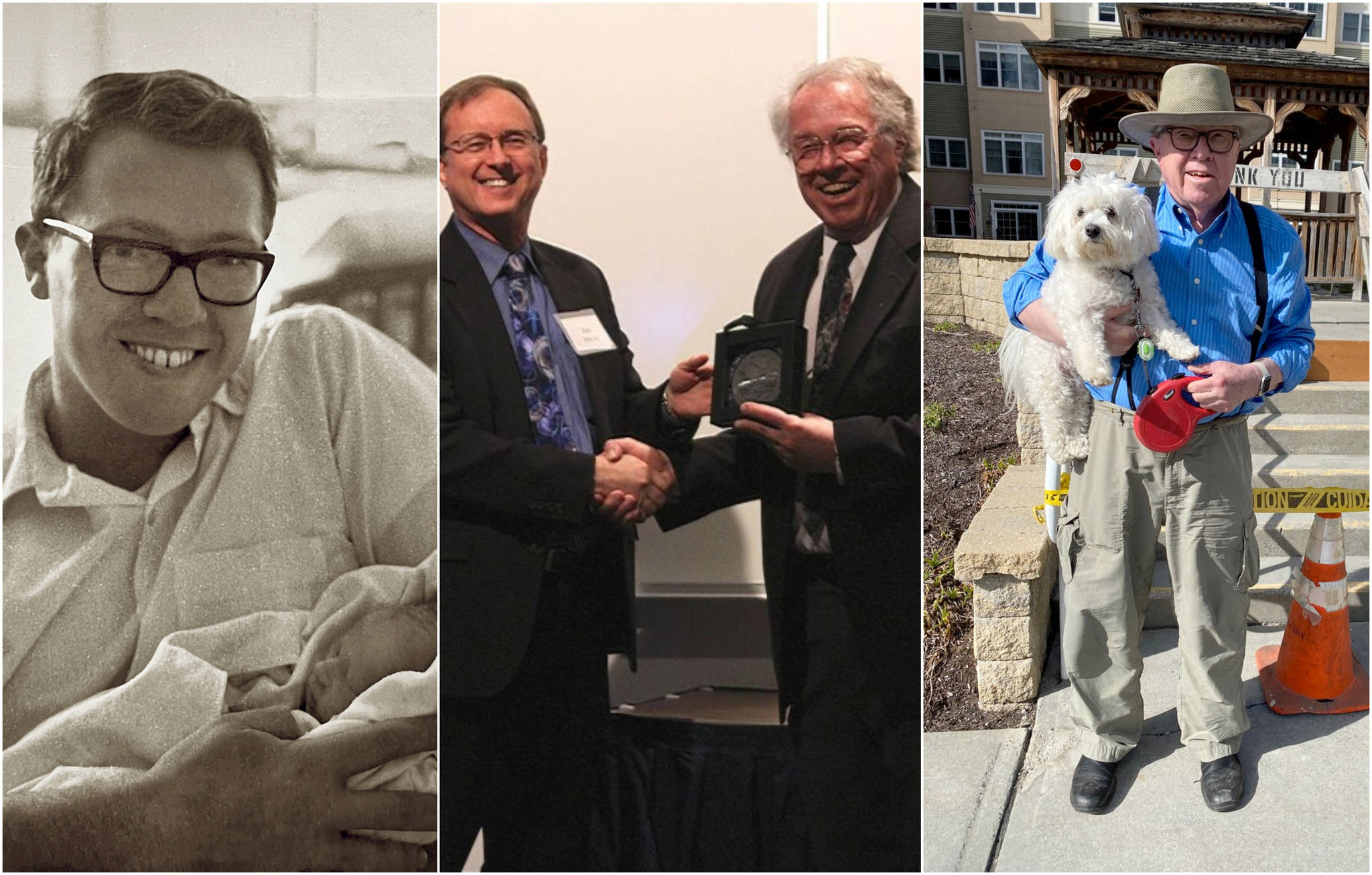 Neal Brown in 1967, holding his newborn son Kris. Brown accepts the Roger Smith Lifetime Achievement award in 2016 from Geophysical Institute director Bob McCoy. Brown in 2021, on an outing in New Hampshire with his dog Molly. Courtesy Photos / Kris Brown, Geophysical Institute, Becky Lees)