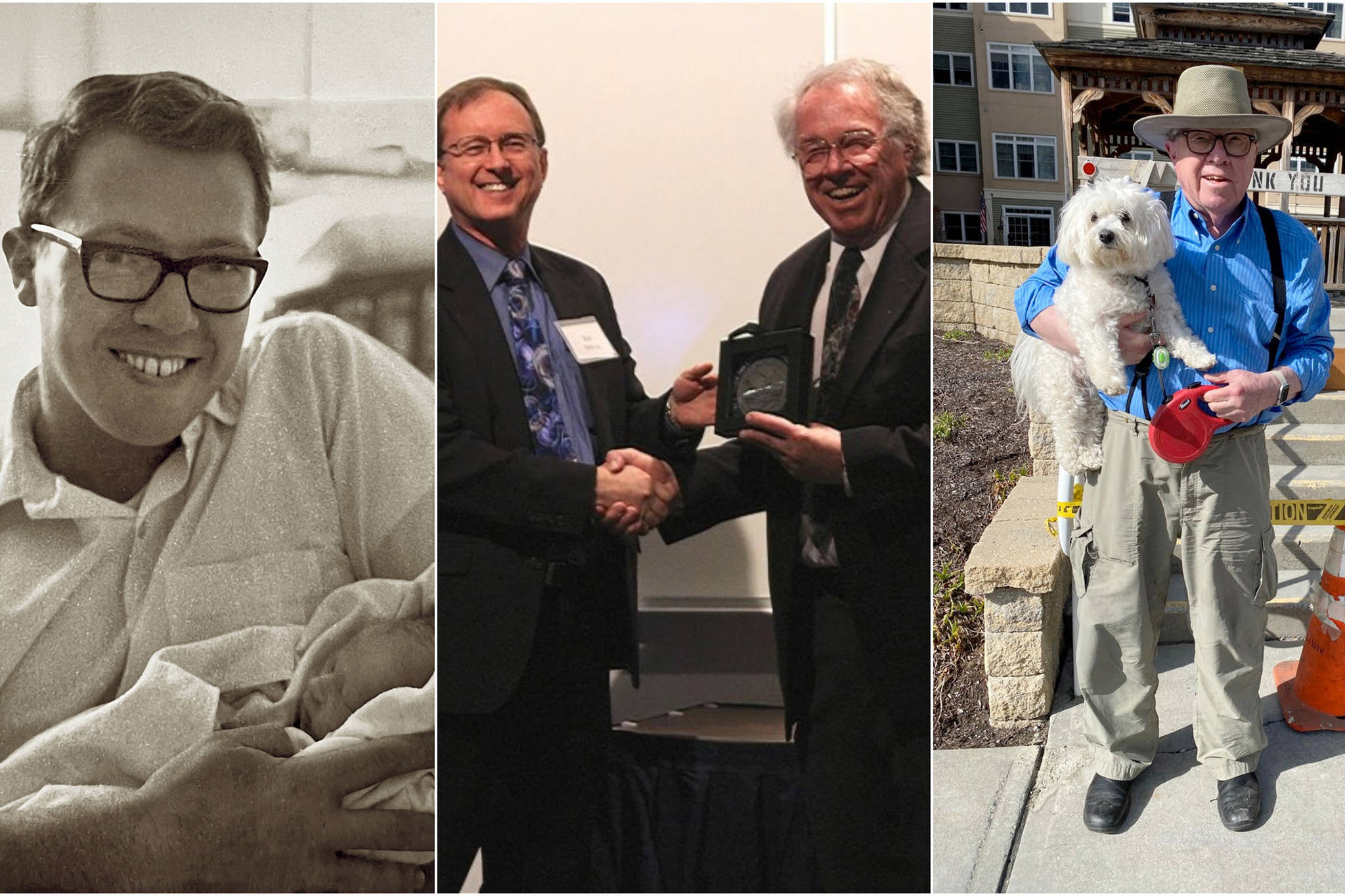 Neal Brown in 1967, holding his newborn son Kris. Brown accepts the Roger Smith Lifetime Achievement award in 2016 from Geophysical Institute director Bob McCoy. Brown in 2021, on an outing in New Hampshire with his dog Molly. Courtesy Photos / Kris Brown,  Geophysical Institute, Becky Lees)