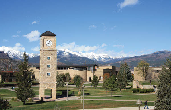 This April 2017 photo shows a view of the Fort Lewis College campus backdropped by the La Plata Mountains. The college originated more than a century ago as one of the country’s Native American boarding schools(. Courtesy Photo / Fort Lewis College, Wikimedia)