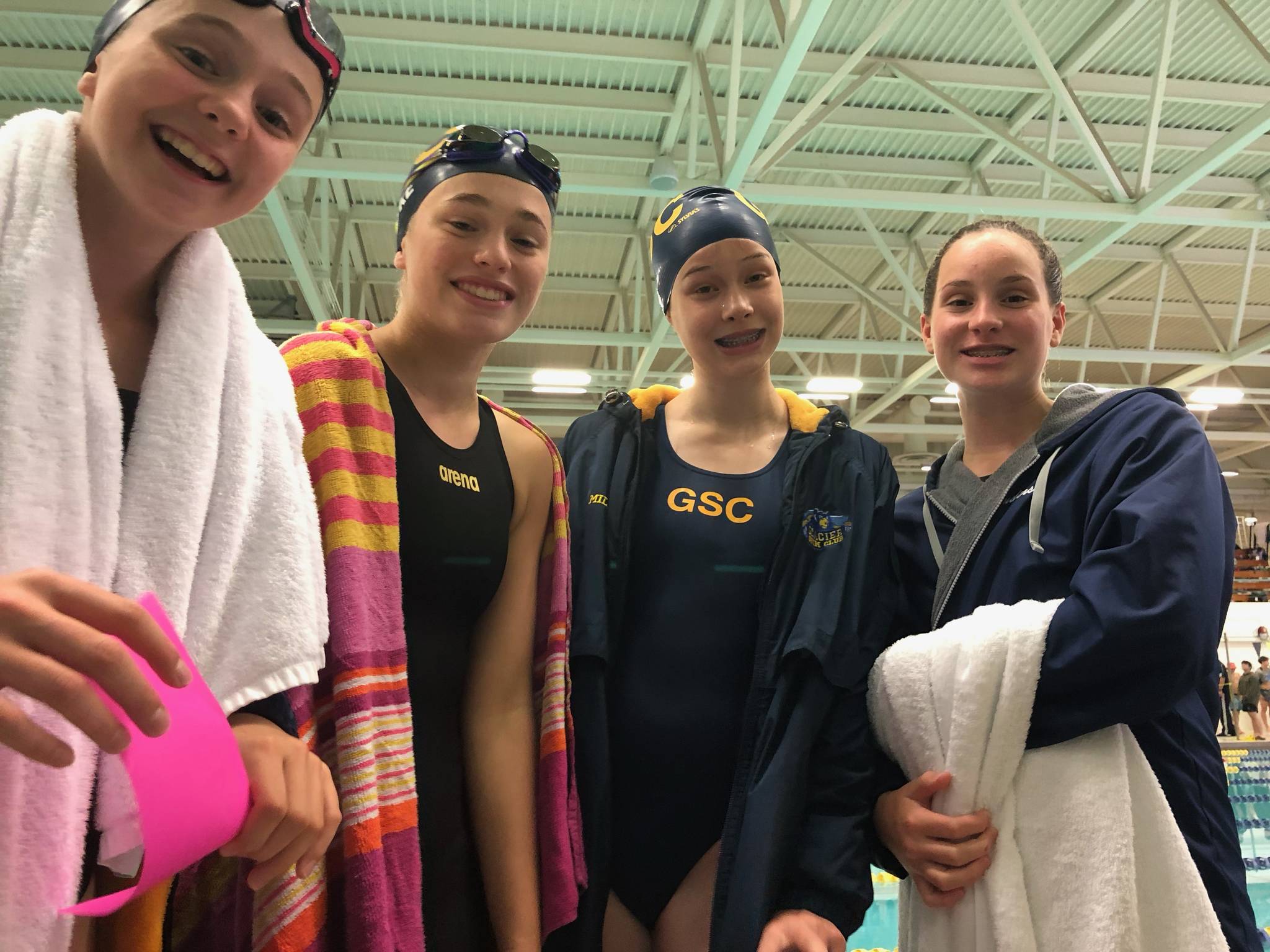 Members of Glacier Swim Club’s winning 13-14 girls 400-meter free relay team from Summer Champs pose for a photo. The team includes Valerie Peimann, Pacific Ricke, Dannan Mills and Caitlin Sanders. (Courtesy Photo)