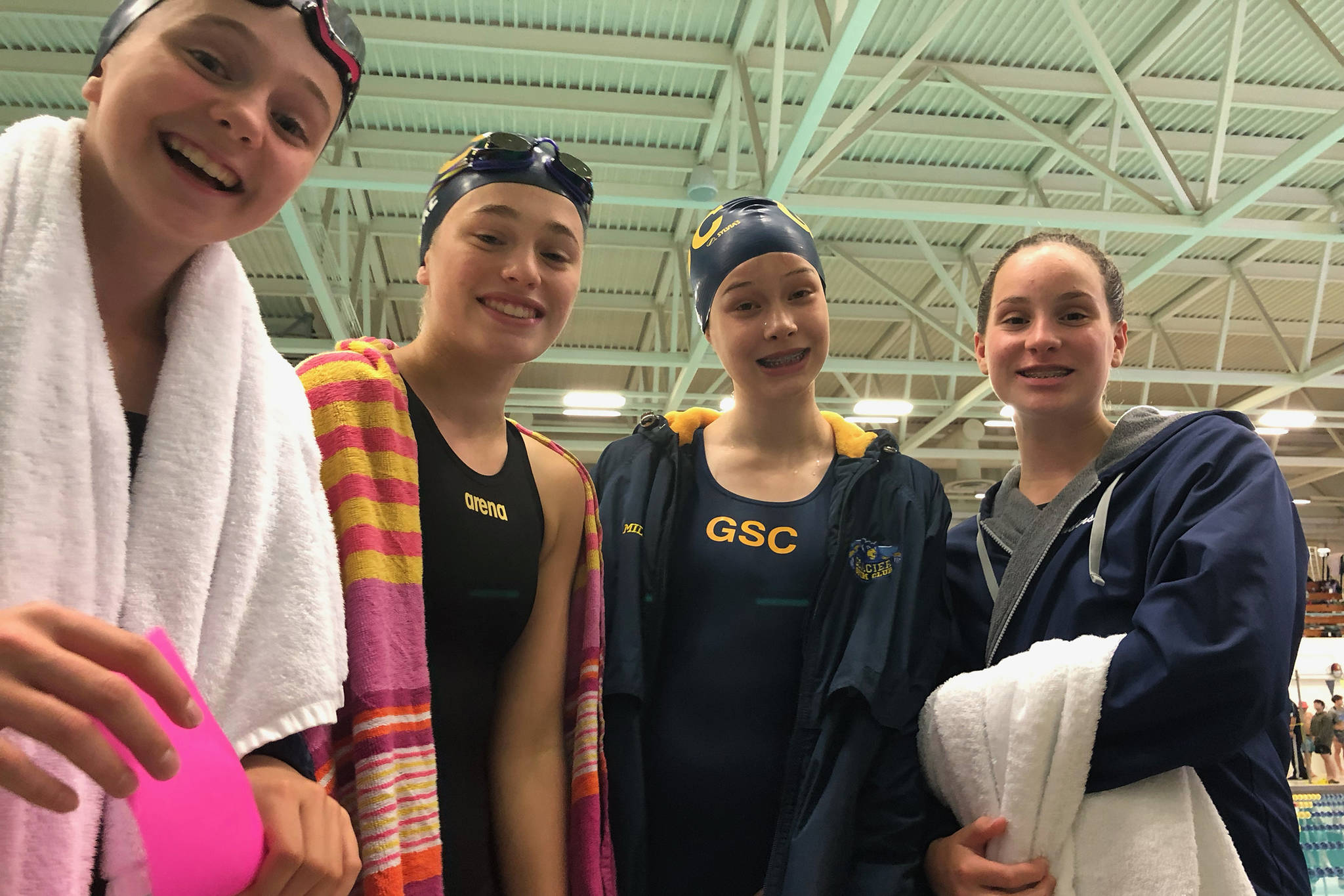 Members of Glacier Swim Club’s winning 13-14 girls 400-meter free relay team from Summer Champs pose for a photo. The team includes Valerie Peimann, Pacific Ricke, Dannan Mills and Caitlin Sanders. (Courtesy Photo)
