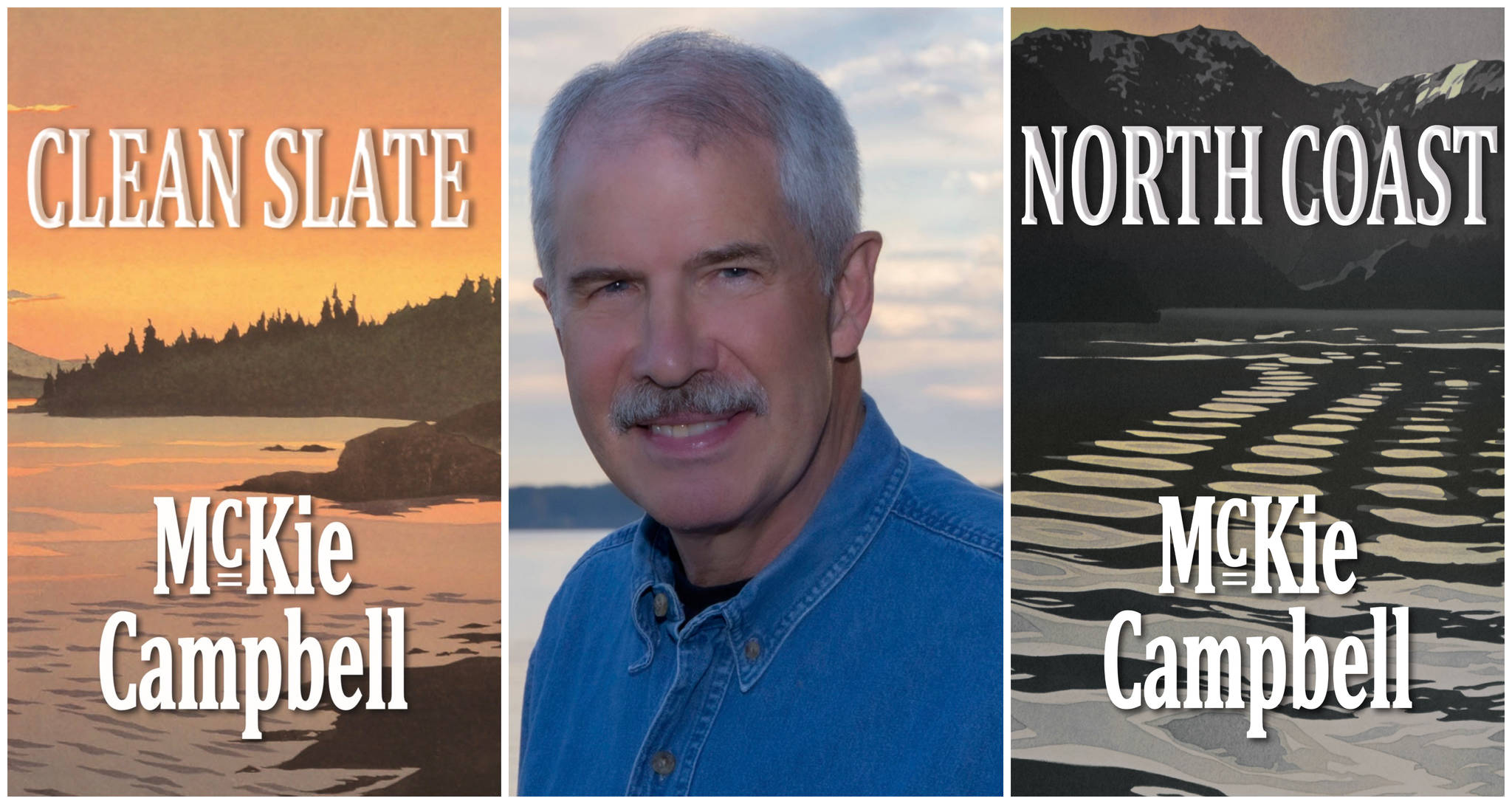This composite image shows the covers of McKie Campbell’s first two novels as well as the author. (Courtesy Images)