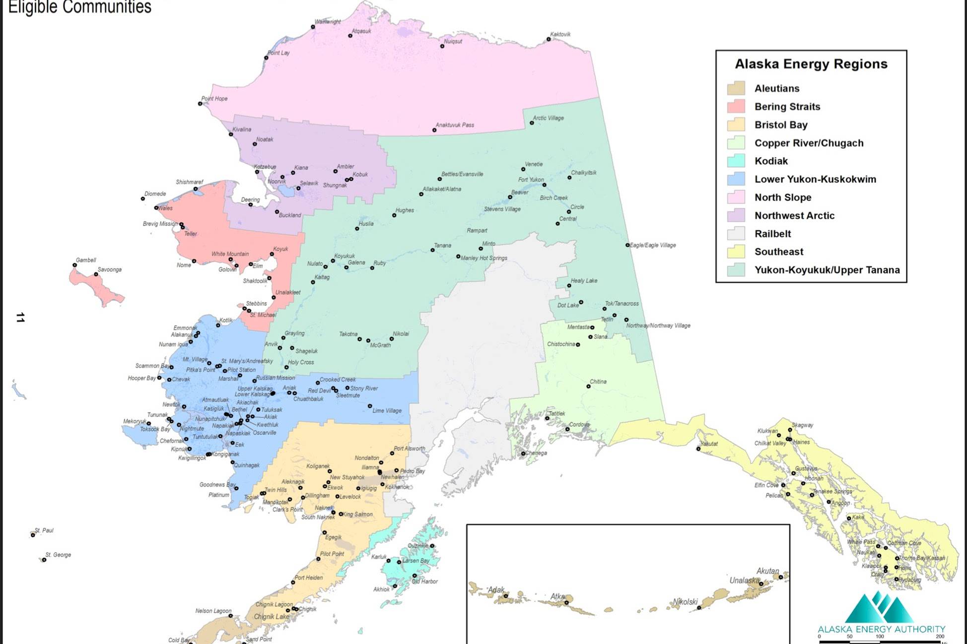 A map from the Alaska Energy Authority showing all the communities in Alaska eligible for the Power Cost Equalization program which subsidizes power costs in rural areas. Funding for the program has been caught up in year-to-year budget battles and lawmakers are hopeful they can address the issue in the next special session of the Alaska State Legislature. (Courtesy image / Alaska Energy Authority)