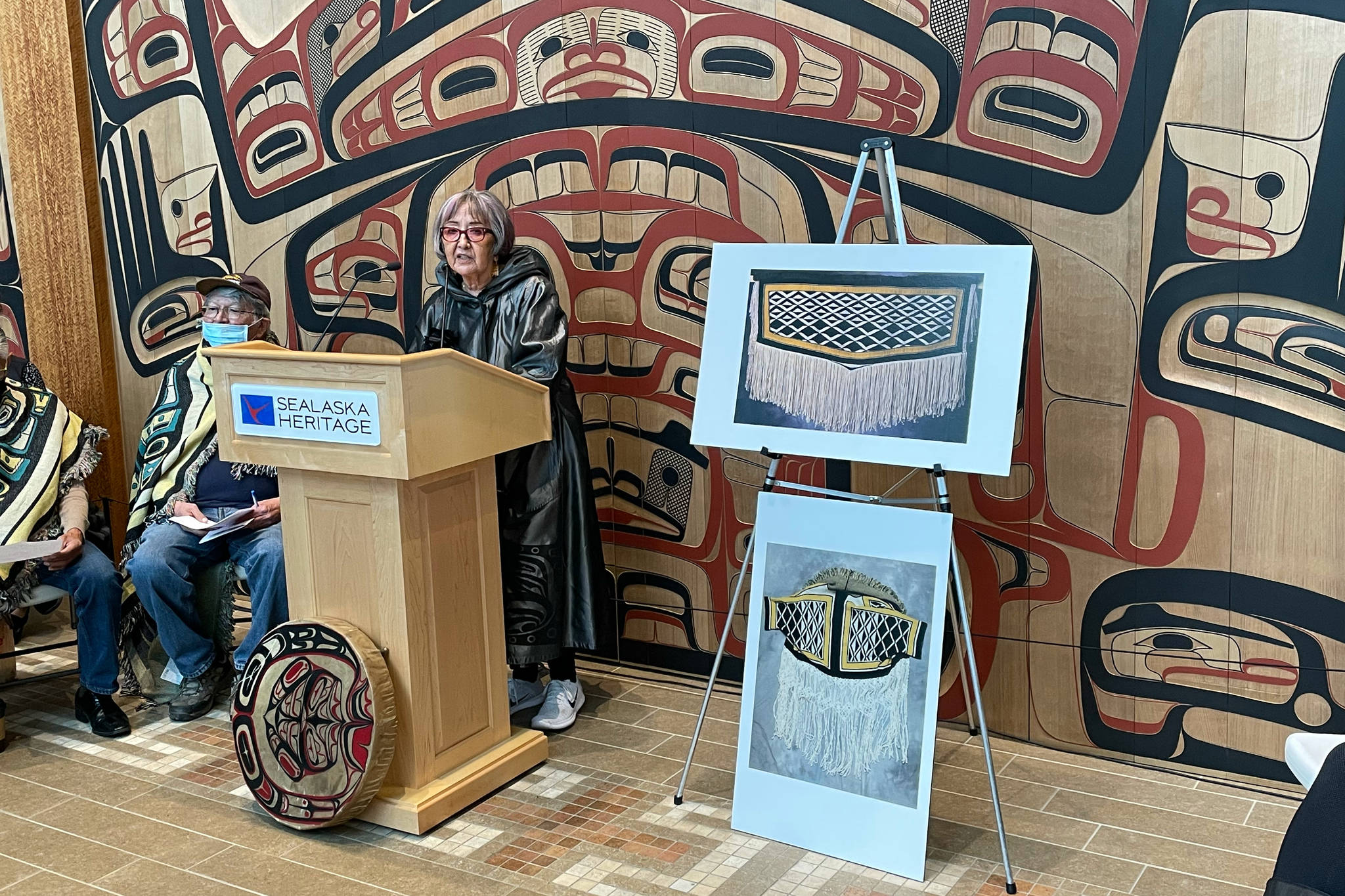Michael S. Lockett / Juneau Empire 
Rosita Worl, president of the Sealaska Heritage Institute, speaks during a ceremony commemorating the settlement on an intellectual property lawsuit against a fashion company on Friday, Aug. 13, 2021.