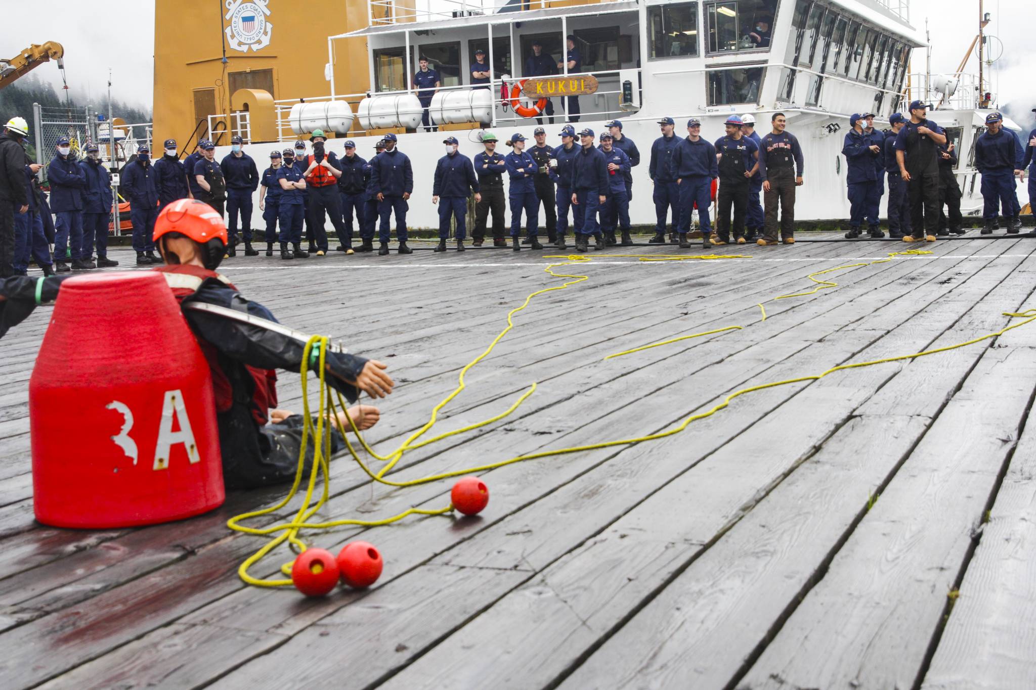 Rescue lines lay across the target dummy following a successful round in the line toss, one of the inter-vessel competitions during this year’s Buoy Tender Roundup at Sector Juneau, on Wednesday, Aug. 25, 2021. (Michael S. Lockett / Juneau Empire)
