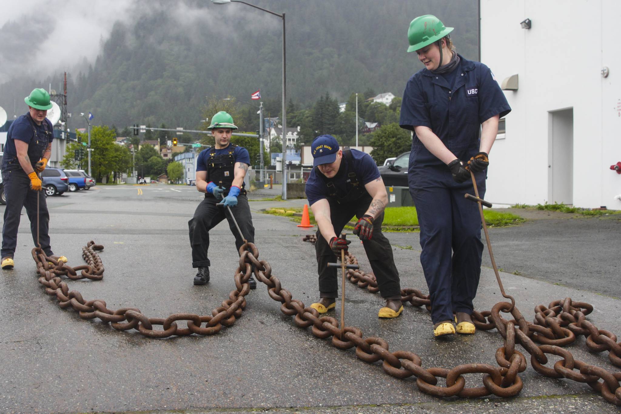 Coast Guardsmen compete in the chain drag, one of the inter-vessel competitions during this year’s Buoy Tender Roundup at Sector Juneau, on Wednesday, Aug. 25, 2021. (Michael S. Lockett / Juneau Empire)