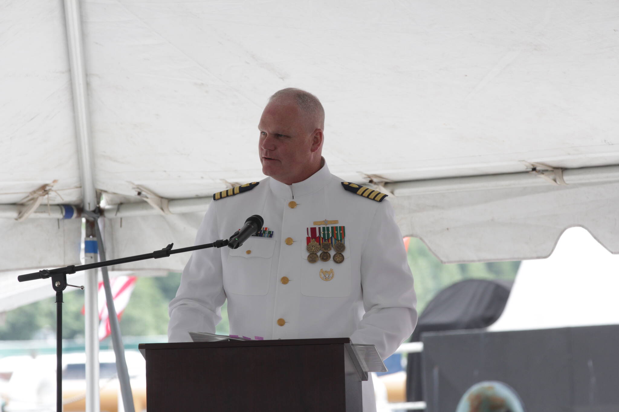 Capt. Darwin R. Jensen, Sector Juneau’s new commander, speaks during the change of command ceremony at the station on July 7, 2021. (Michael S. Lockett / Juneau Empire)