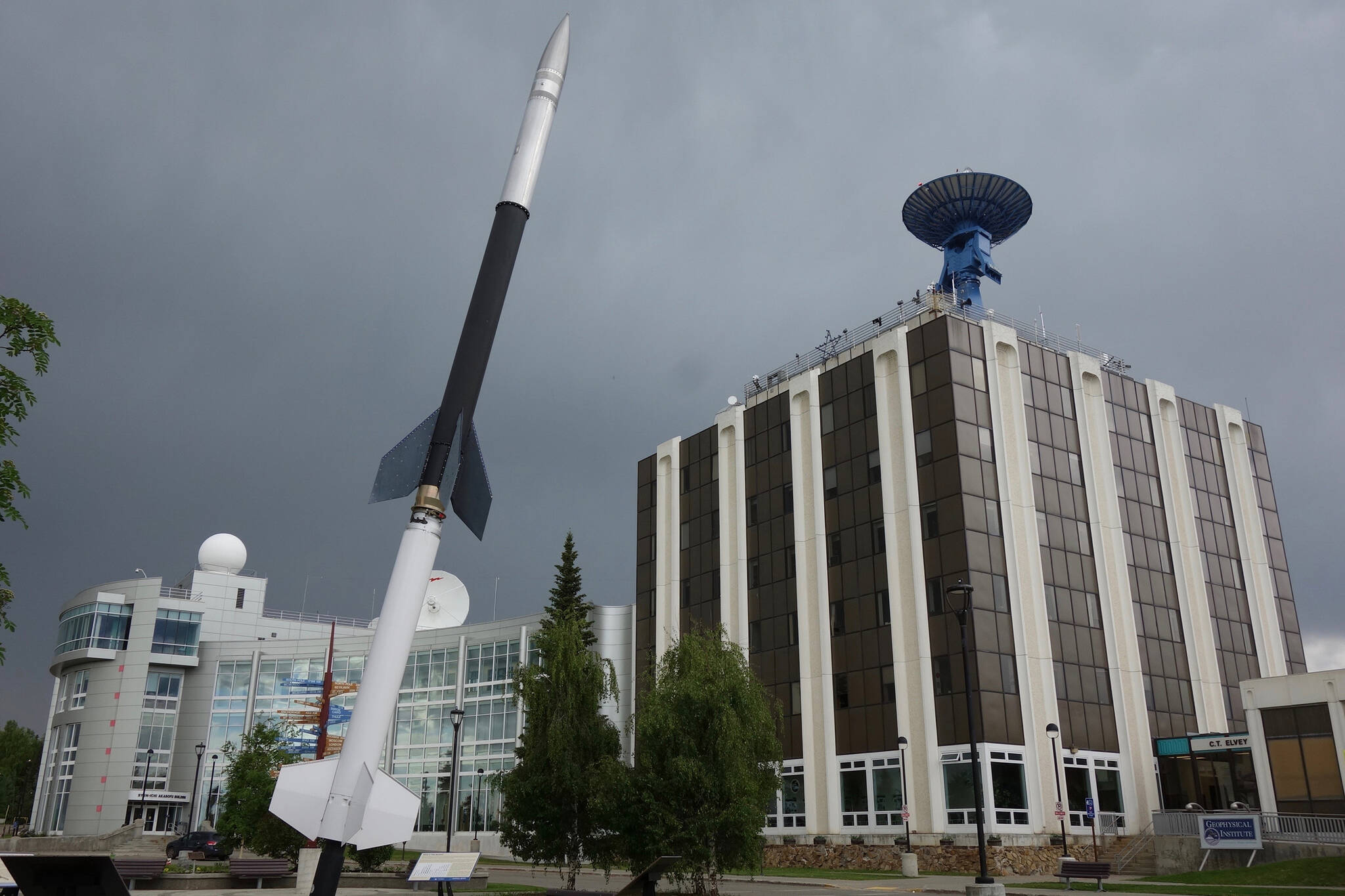 The Elvey Building (with the satellite dish on top), home to the Geophysical Institute on the UAF campus. (Courtesy Photo / Ned Rozell)