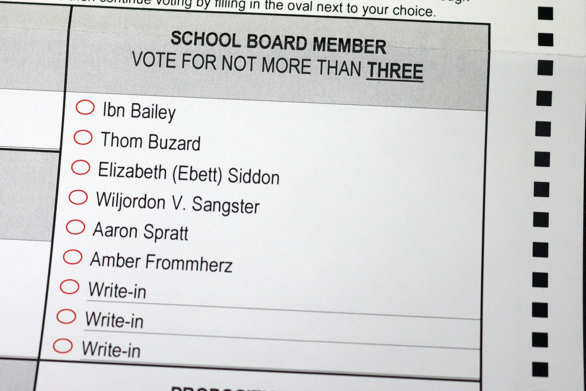 This photo shows the school board candidates that will appear on ballot’s in next month’s municipal election. (Ben Hohenstatt / Juneau Empire)