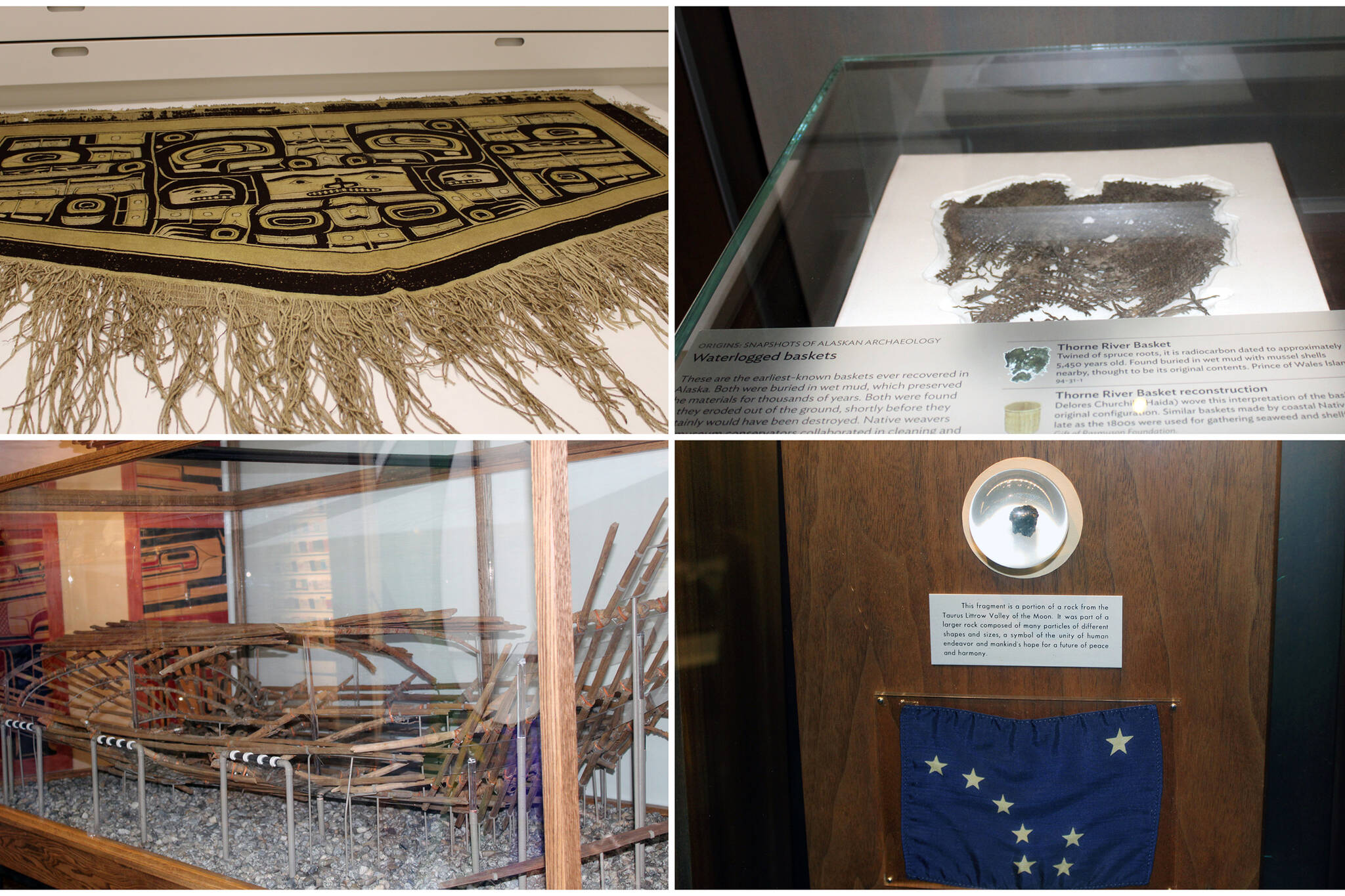 Within the City and Borough of Juneau, four museums collect objects to tell the tale of the area and its people. The Juneau Empire visited each museum to learn about some of the oldest human-made objects each has on hand. Objects include a Chilkat robe (upper left), a 5,450 year old spruce root basket (upper right), a fish trap (lower left), and a piece of moon rock (lower right). (Dana Zigmund / Juneau Empire)