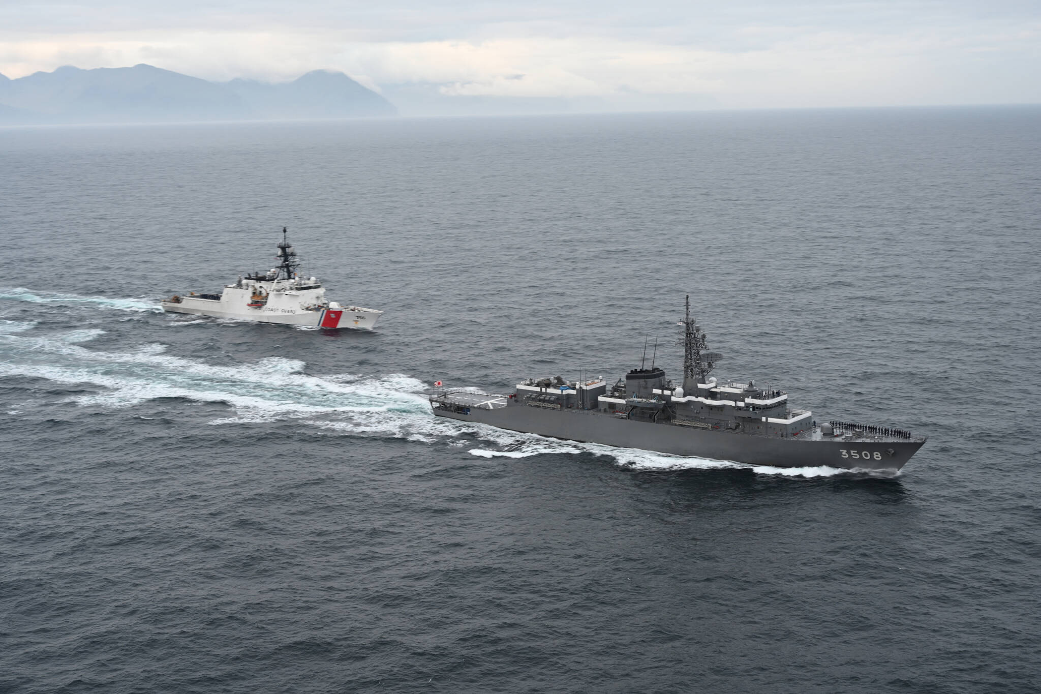 The U.S. Coast Guard Cutter Kimball and the Japanese Ship Kashima, a naval training vessel of the Japan Maritime Self-Defense Force, transit together during a maritime exercise near Dutch Harbor on Sept. 20, 2021. (Courtesy photo / USCG)