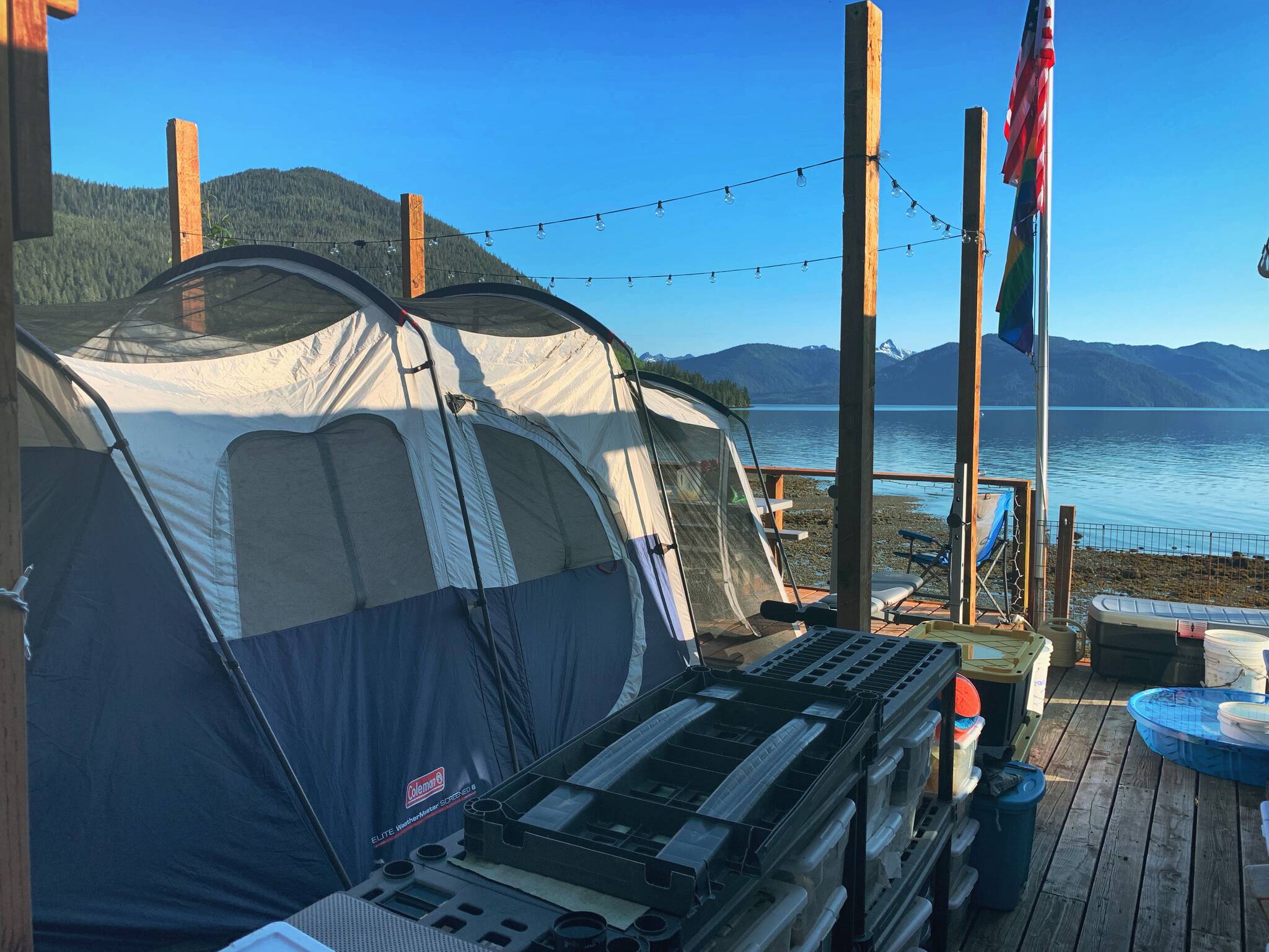 A tent is set up for grandkids on the deck at Mickey’s Fishcamp in Wrangell. (Vivian Faith Prescott / For the Capital City Weekly)