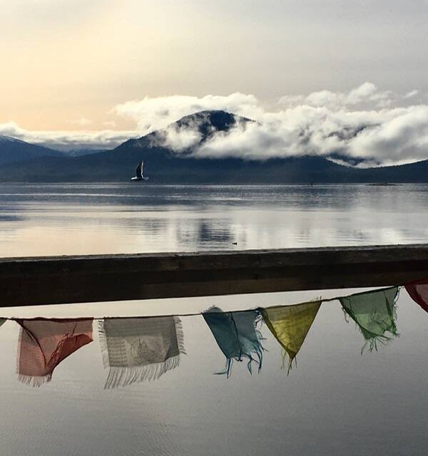 Tattered prayer flags fly above high tide in mid-October in Tenakee Springs. (Courtesy Photo / Linda Buckley)