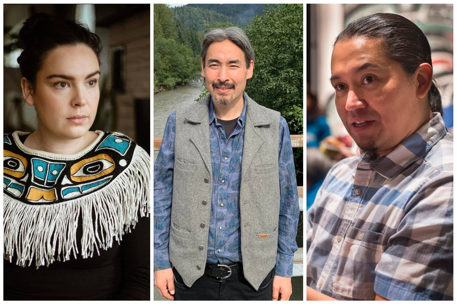 This combination photo shows Sydney Akagi, Ishmael Angaluuk Hope and Xʼunei Lance Twitchell, all of Juneau, who are winners of Rasmuson Foundation Individual Artist Awards. (Courtesy Photos, Juneau Empire File)