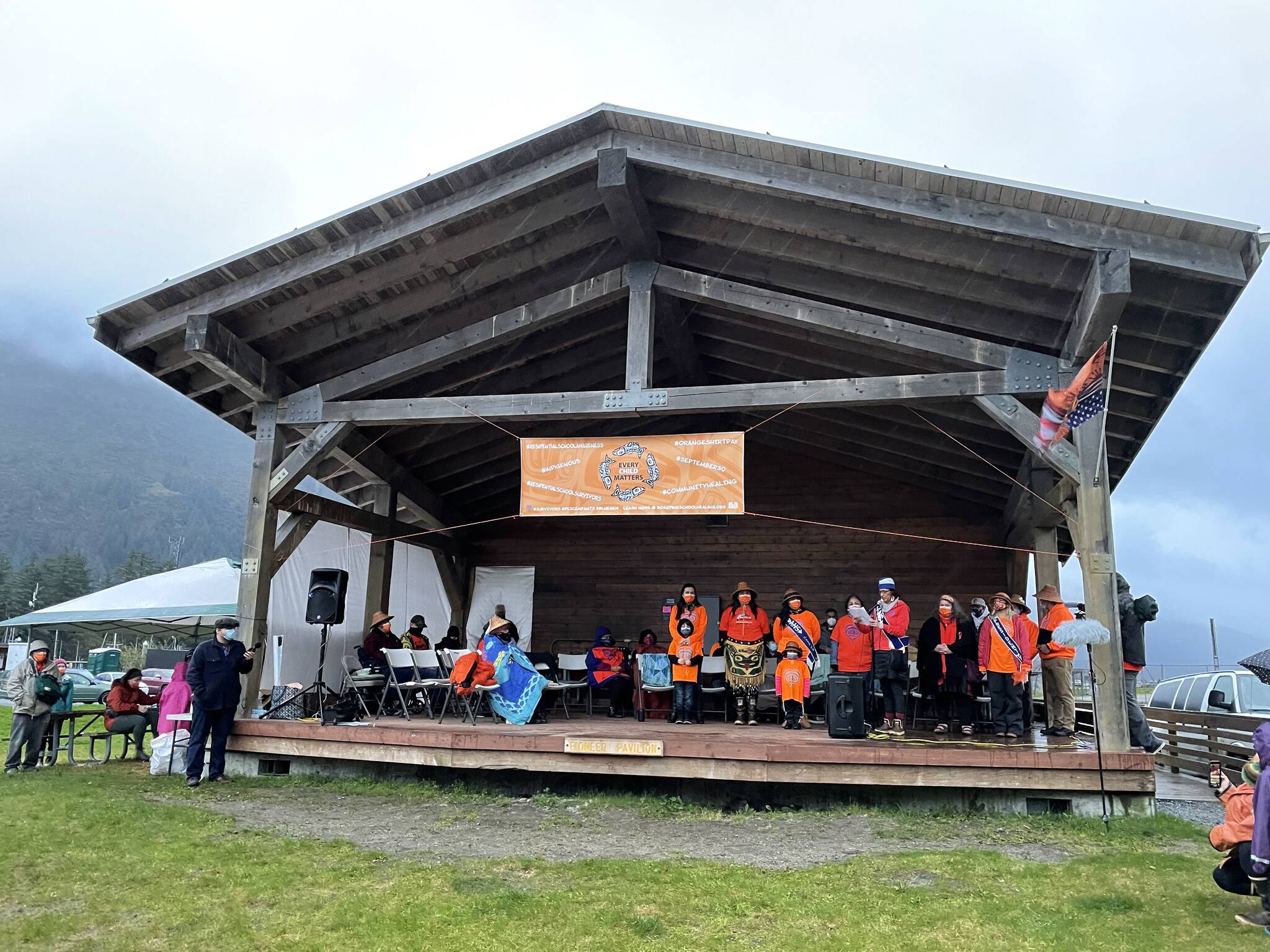 More than 100 people gathered at an Orange Shirt Day event near Sandy Beach on Sept. 30, 2021. It was the first major Orange Shirt Day event in Juneau, but organizers say it won’t be the last. (Michael S. Lockett / Juneau Empire)