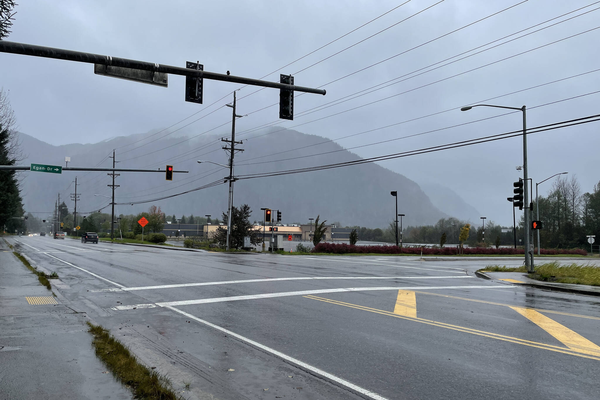 A woman died of injuries sustained after being struck by a car on Glacier Highway near the old Walmart on Sept. 30, 2021, said a police spokesperson in a news release. (Michael S. Lockett / Juneau Empire)