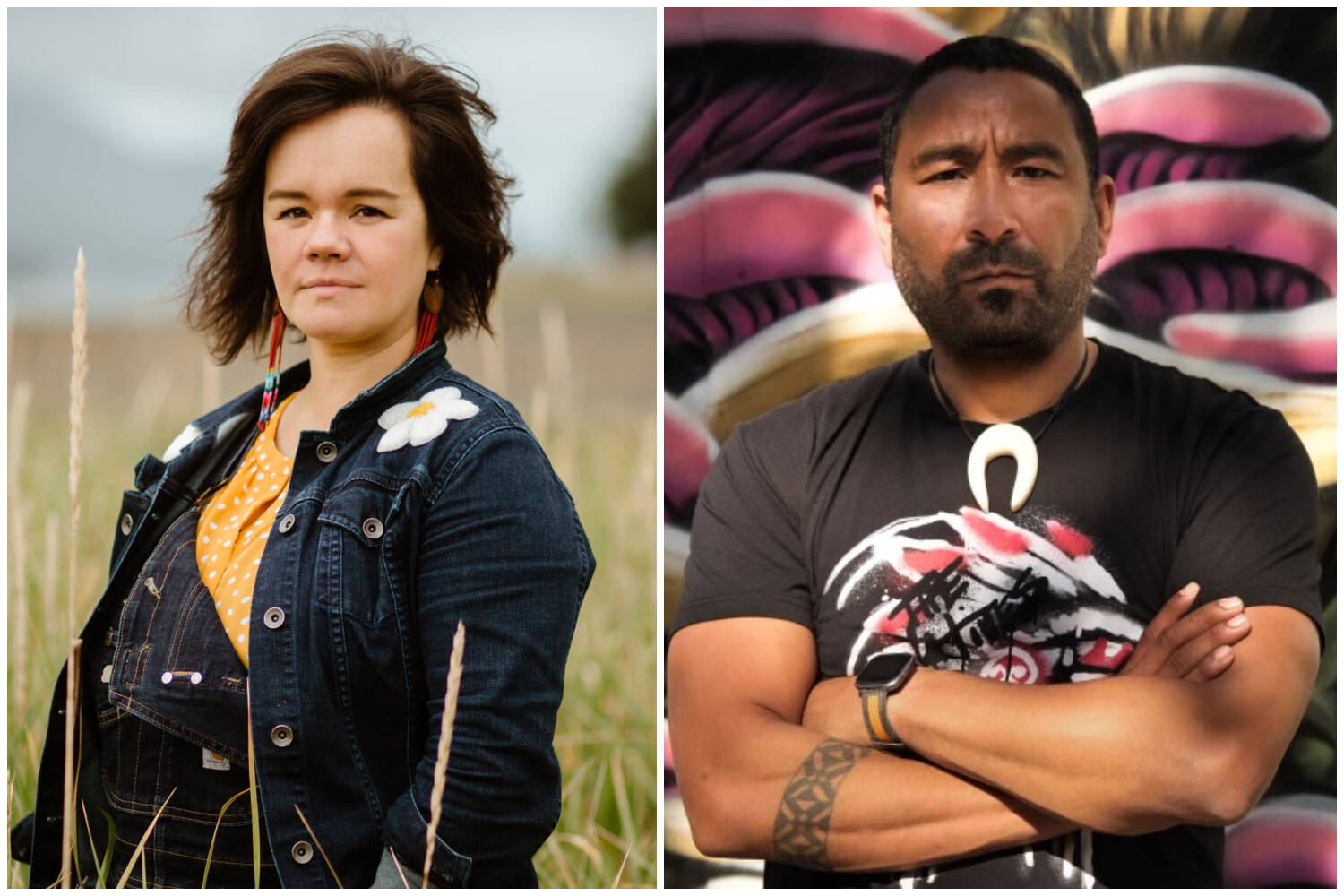 Alaska Native artists Lily Hope, left, and Stephen Qacung Blanchett, right, were selected as two of the fifteen Indigenous artists to receive $100,000 grants for upcoming projects by the Native Arts and Cultures Foundation. (Photo credit: @SydneyAkagiPhoto for Hope and Joy Denmert for Blanchett)
