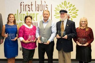 From left to right: Anna DeVolld, Rachel Sallaffie, John Green, Carl Schrader and Nona Safra were honored at an awards ceremony in Anchorage on Thursday, Oct. 7, 2021, by Gov. and First Lady Dunleavy. Schrader, a Juneau resident, was honored for his work in hospice care. (Courtesy photo / Office of Gov. Mike Dunleavy)