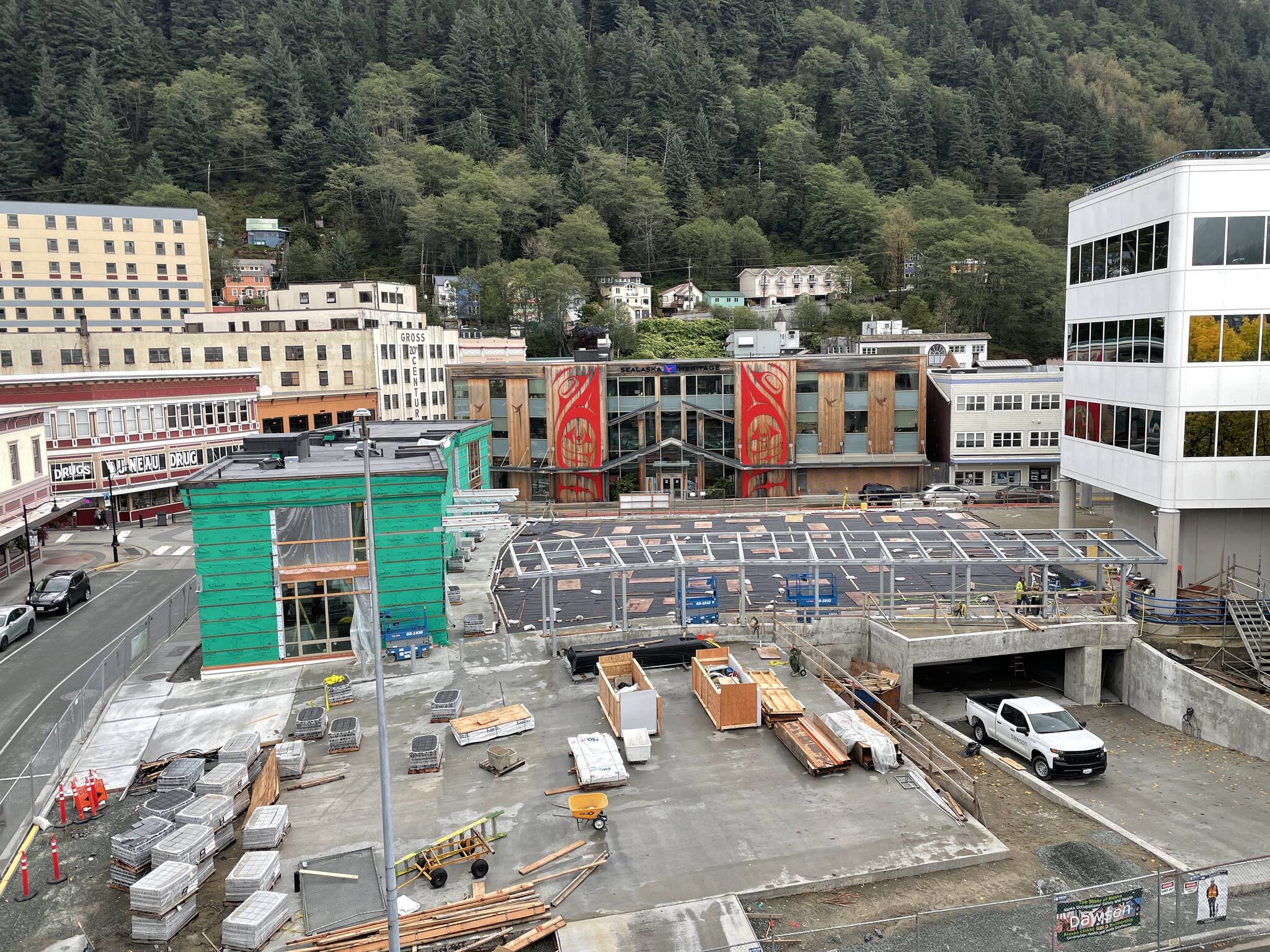 Construction continues at Sealaska Heritage Institute’s Northwest Coast arts campus on Sept. 24. Lee Kadinger, SHI COO said the project is “back on track and moving right along” after experiencing some delays. (Michael S. Lockett/Juneau Empire)