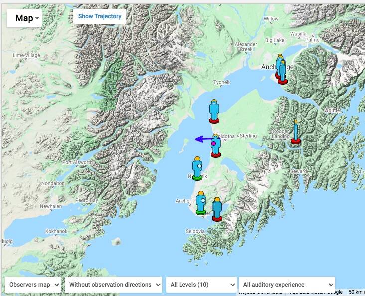 A screenshot of a website created for the American Meteor Society showing reports from Alaska residents about a fireball that exploded above Alaska on Sept. 30, 2021. The blue arrow is the estimated direction of the fireball. (Screenshot)