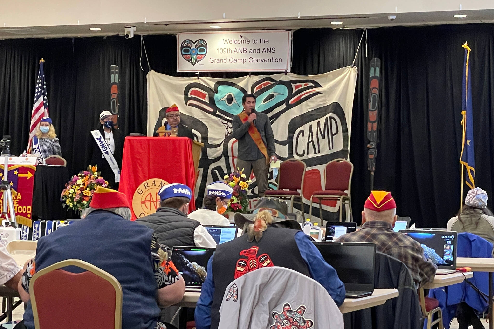 Speakers address participants in the Alaska Native Brotherhood/Alaska Native Sisterhood’s 109th Grand Camp Convention at Elizabeth Peratrovich Hall on Oct. 8, 2021. (Michael S. Lockett / Juneau Empire)