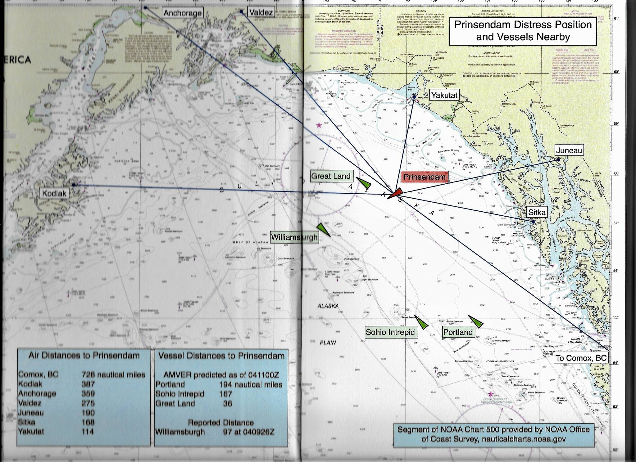 This map from Stephen Corcoran’s book “None were Lost: The Prinsendam Fire and Rescue” shows the distance to the distressed Prinsendam from major search and rescue bases in across the Gulf of Alaska. (Courtesy photo / Stephen Corcoran)