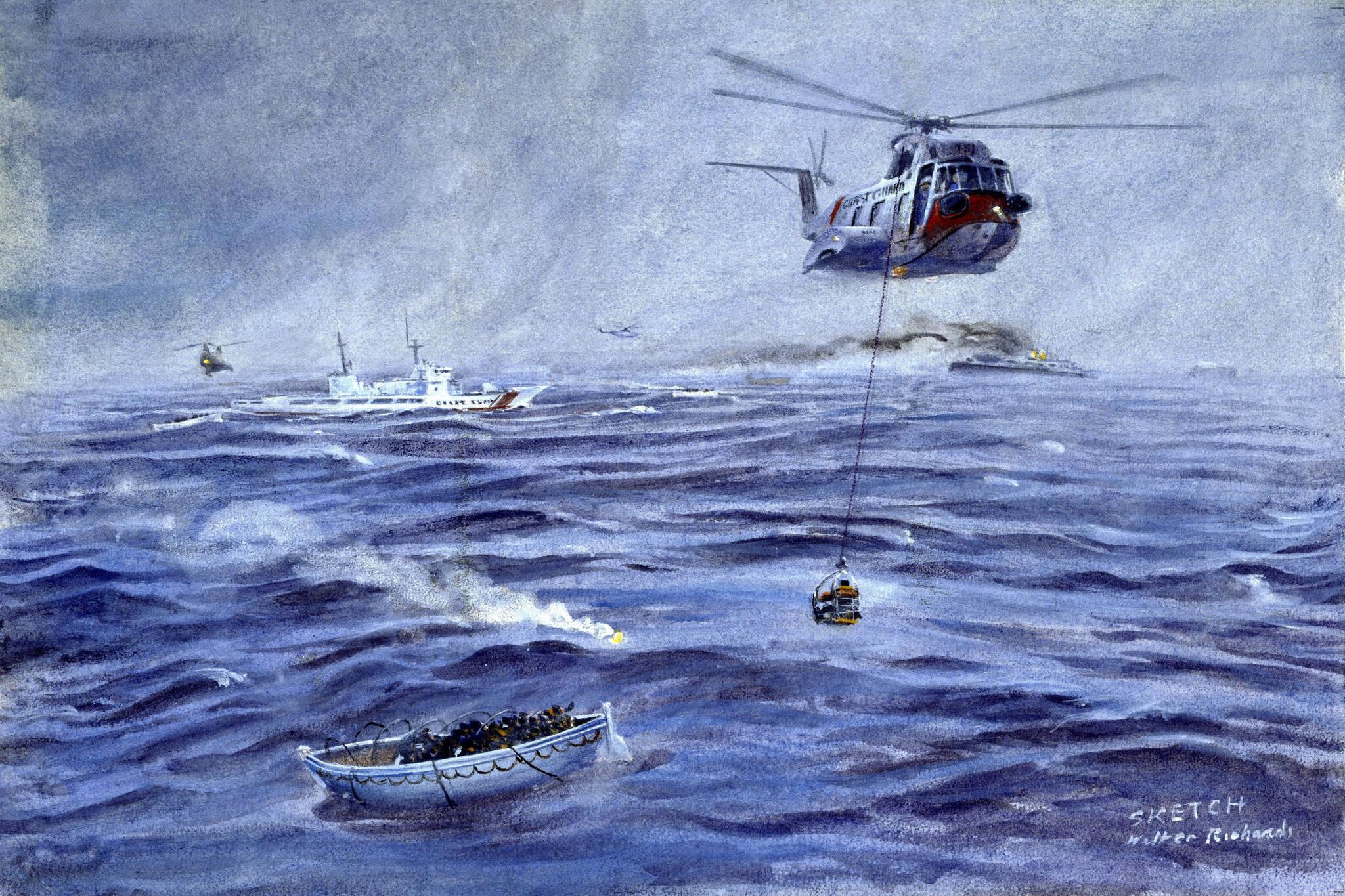 In 1980, U.S. Coast Guard helicopters and cutters, assisted by the U.S. Air Force and the Canadian armed forces as well as civilian rescue and relief organizations, rescued more than 500 passengers and crew from the cruise ship Prinsendam in the Gulf of Alaska. (Courtesy photo / U.S. Coast Guard)