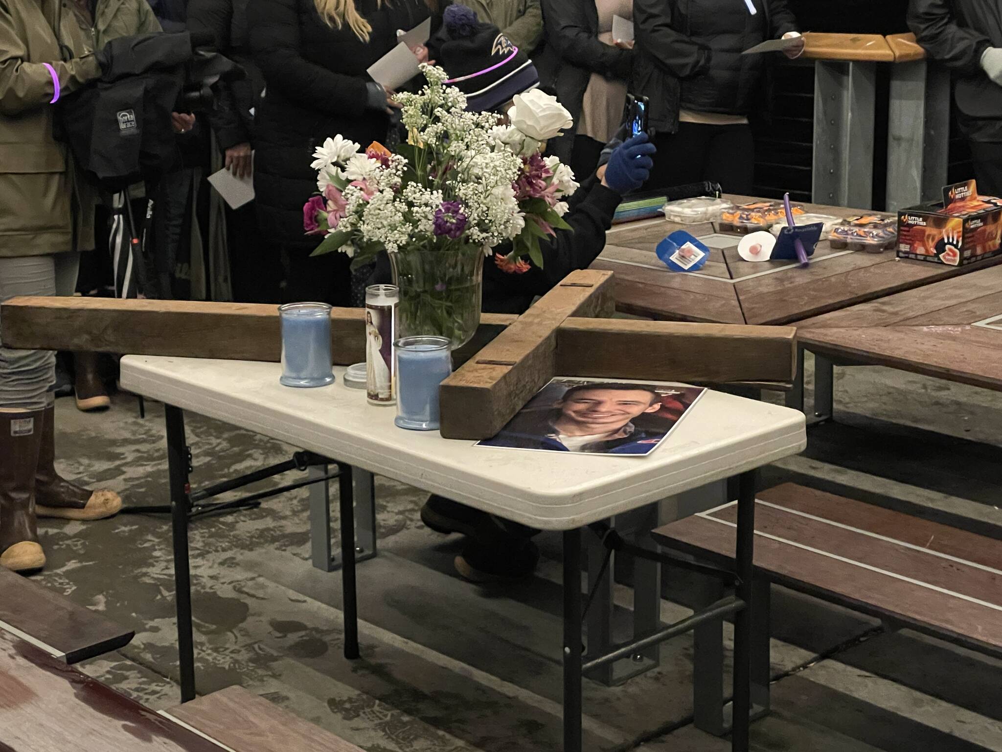 Michael S. Lockett / Juneau Empire 
Friends and family put together a display during a vigil for Douglas Farnsworth, missing since late September, at Mayor Bill Overstreet Park on Oct. 27, 2021.