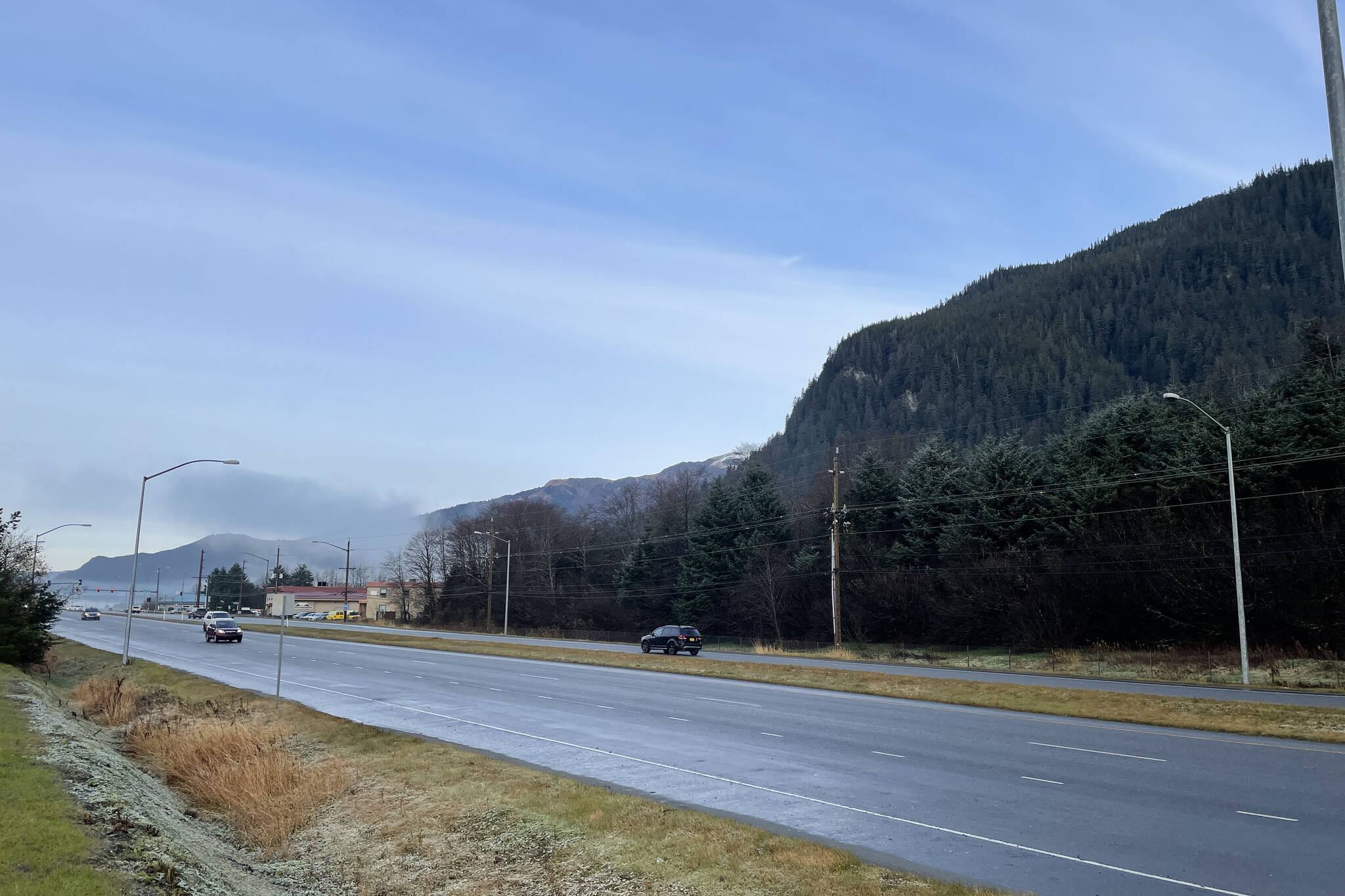 Icy conditions caused a wreck on Egan Drive near the hospital on Nov. 4, 2021. (Michael S. Lockett / Juneau Empire)