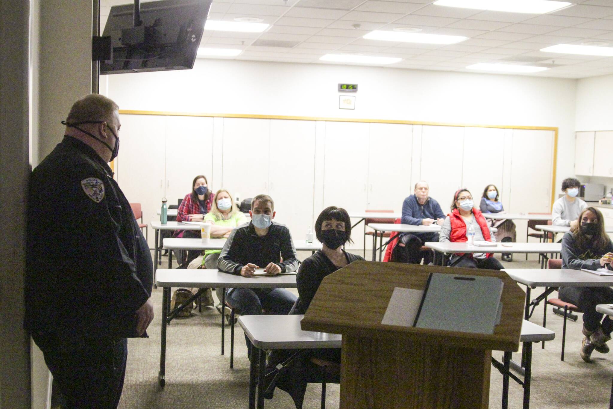 Lt. Scott Erickson answers a question use of force policy as he instructs a group of Juneau residents during the Juneau Police Department’s Citizen’s Academy on Nov. 4, 2021. (Michael S. Lockett / Juneau Empire)