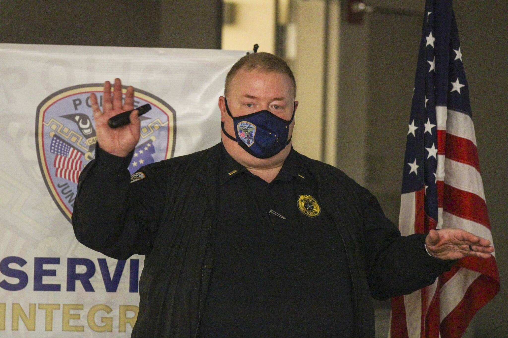 Lt. Scott Erickson teaches a class on use of force policy to a group of Juneau residents during the Juneau Police Departments Citizens Academy on Nov. 4, 2021. (Michael S. Lockett / Juneau Empire)