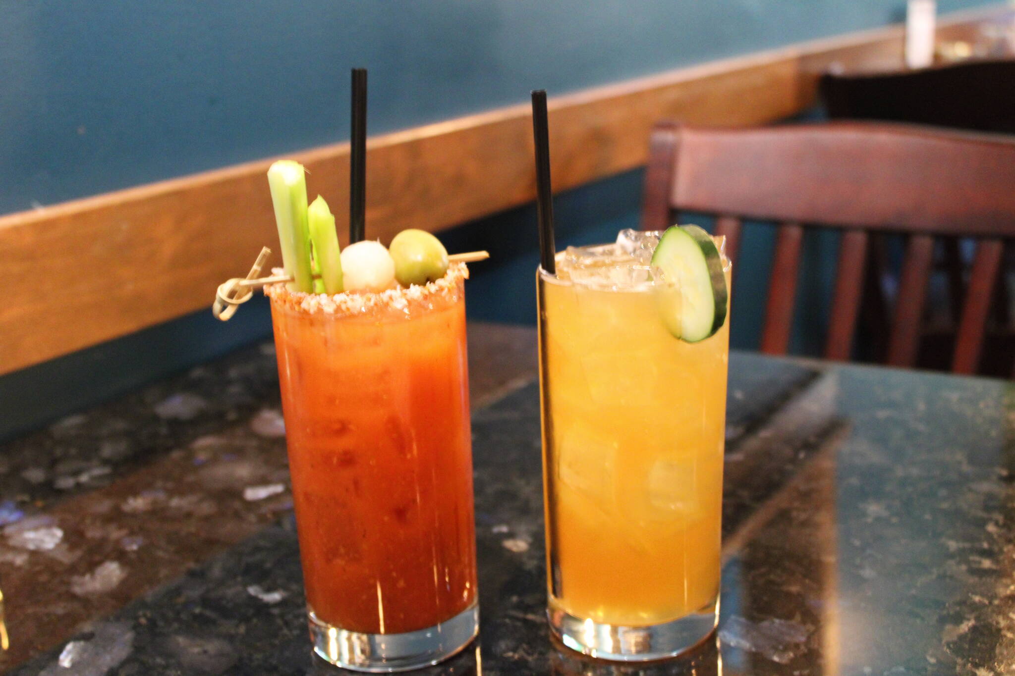 Cocktails are a key part of the New Orleans style brunch available at Roma Bistro on the Wharf on Saturday and Sunday between 10 a.m. and 2 p.m. The cocktail menu features bloody Mary’s (right) and the Big Easy (left). (Dana Zigmund / Juneau Empire)