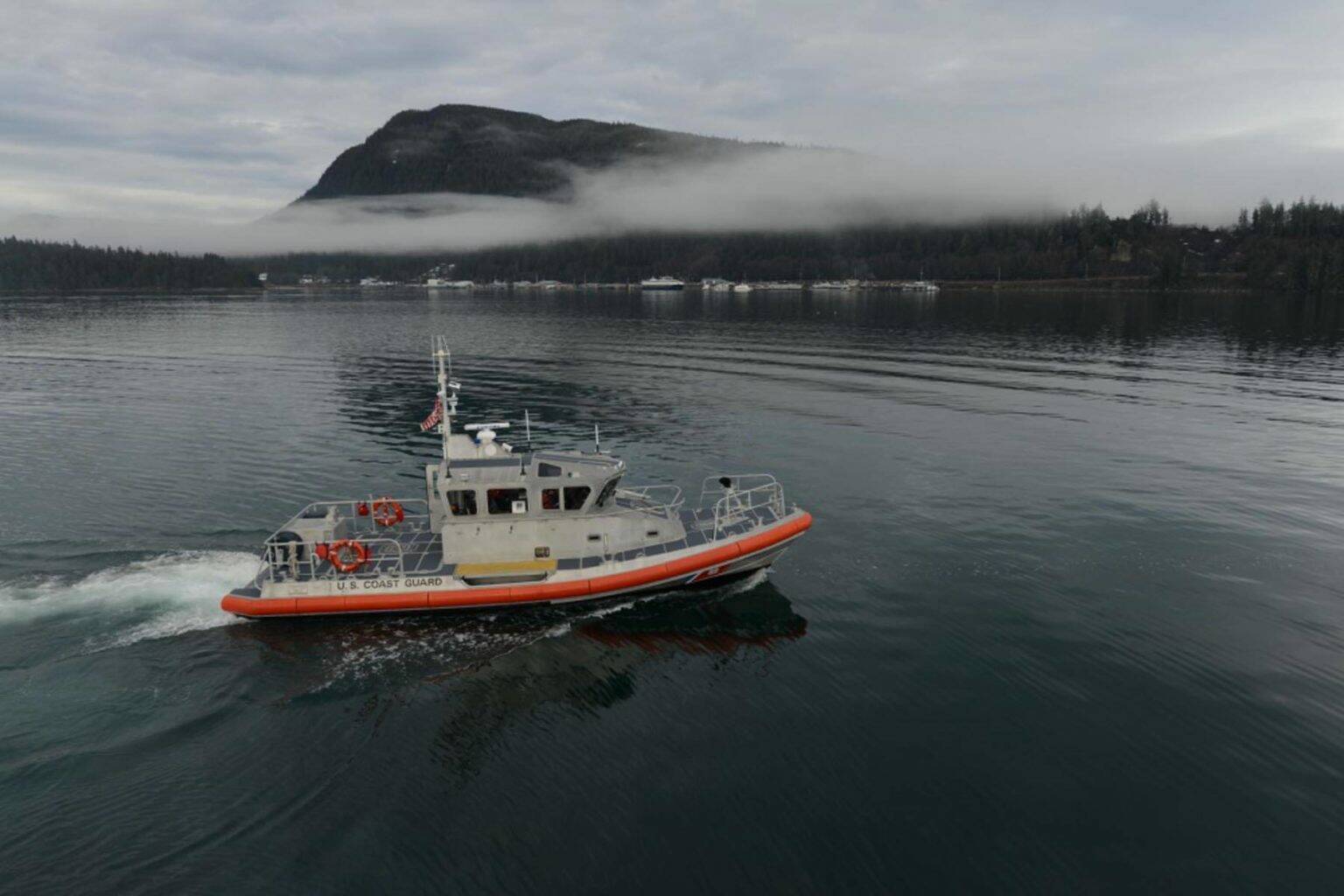 A Coast Guard Station Juneau 45-foot Response Boat-Medium patrols Auke Bay during an exercise in 2018. (Lt. Brian Dykens / U.S. Coast Guard)