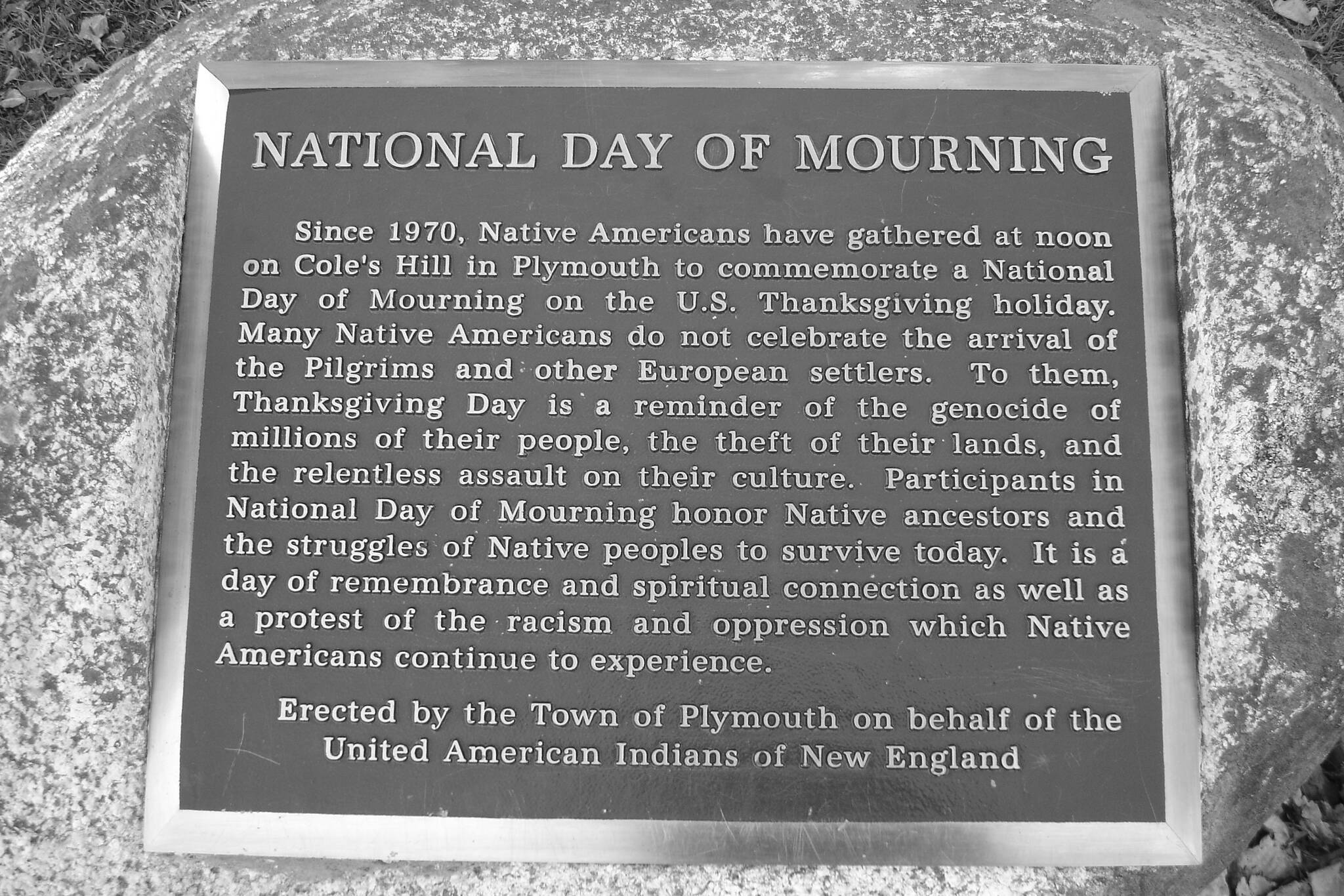 This undated photos shows National Day of Mourning plaque on Cole’s Hill in Plymouth, Mass, where since 1970 Indigenous groups have gathered to mourn the history of colonization in North America. This year marks the 400th anniversary of the traditional “First Thanksgiving ” in 1621, but for many Indigenous people, including Alaska Natives, the holiday is a somber one. (Courtesy photo / Creative commons)