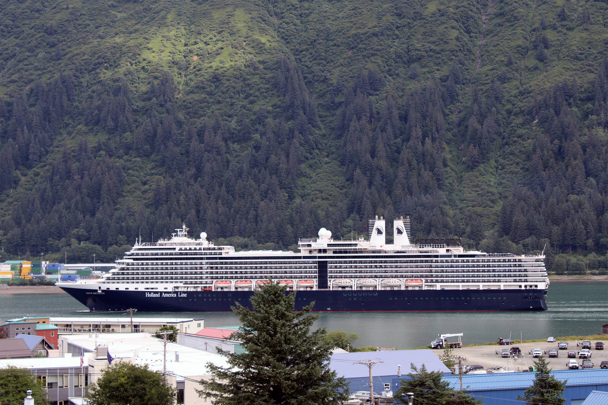 Dana Zigmund / Juneau Empire 
The Nieuw Amsterdam sails into Juneau on July 26, 2021. On Monday night, city leaders reviewed the results of a community survey aimed at learning more about community attitudes about the impact of large cruise ships.
