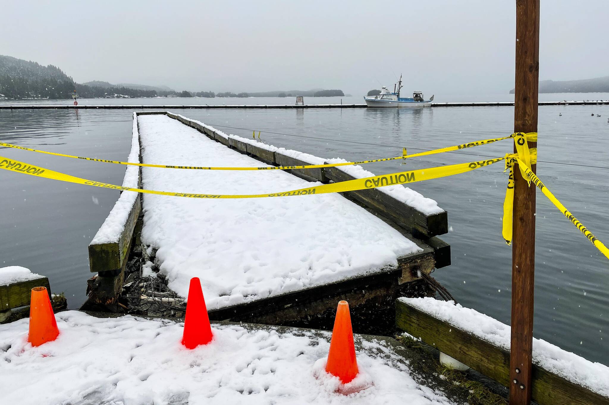 High winds in the early morning of Nov. 26, 2021 damaged two sections of float in Don D. Statter Harbor. (Michael S. Lockett / Juneau Empire)