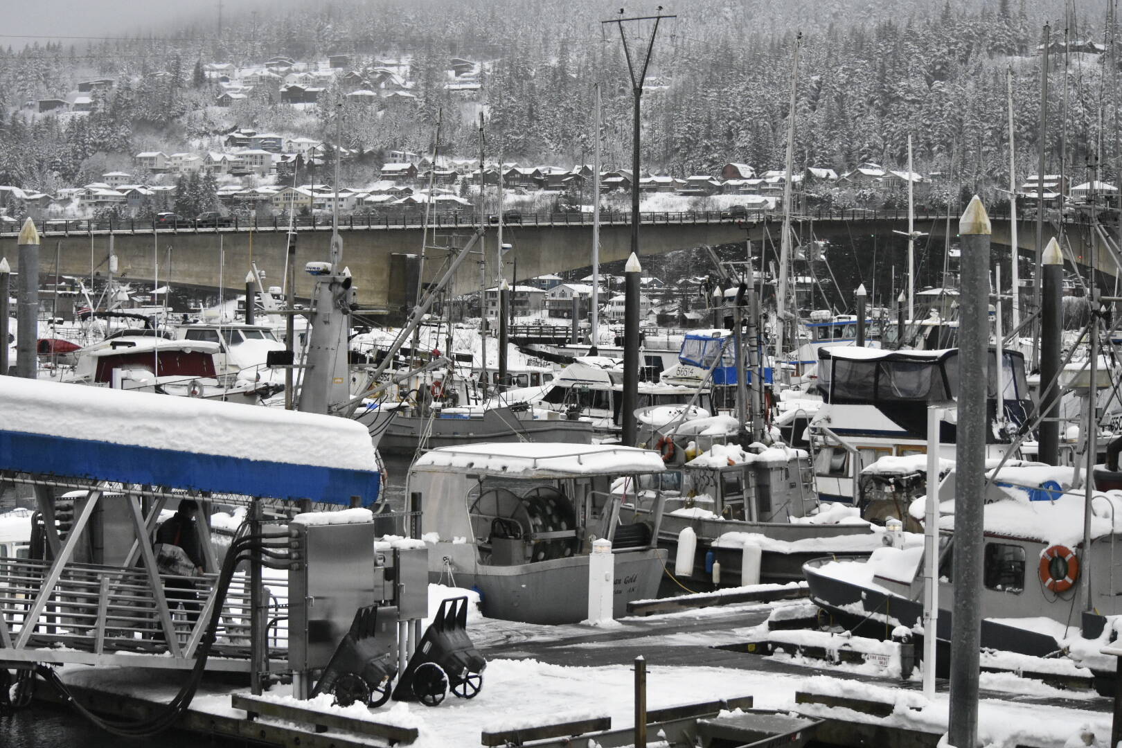 Heavy snow and rain fell on Juneau’s Aurora Harbor on Tuesday, Dec. 7, 2021, creating potentially hazardous conditions. City and Borough of Juneau Docks and Harbors officials asked boat owners to keep a careful eye on their vessels as heavy snow and rain is expected through the week. (Peter Segall / Juneau Empire)