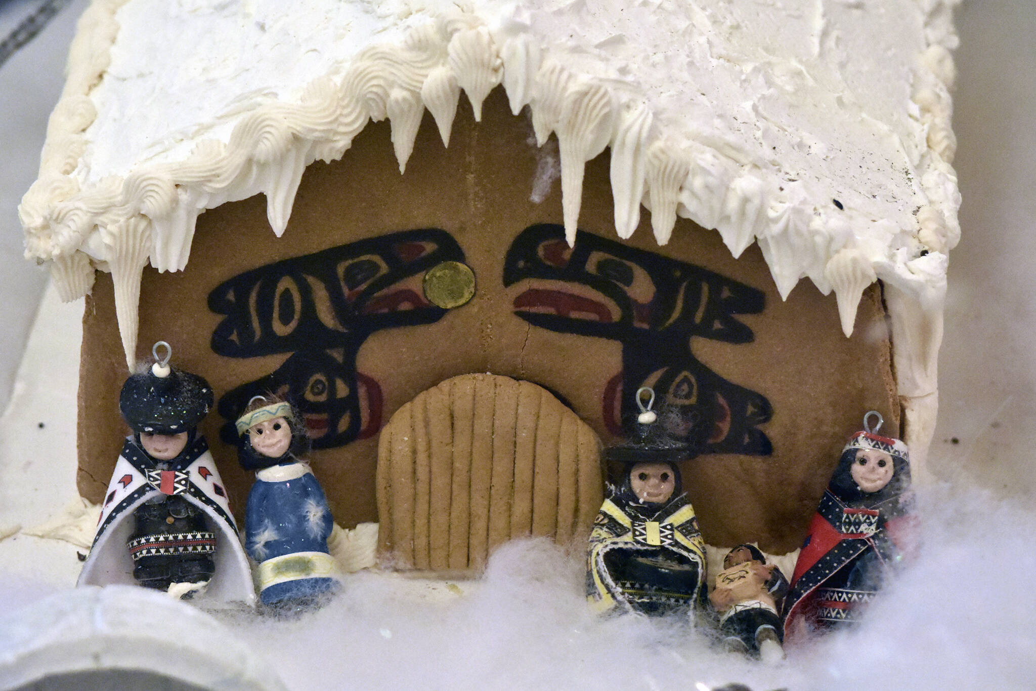 A Southeast Alaska Native gingerbread house was among the Christmas decorations on display at the Alaska Governor’s Mansion on Tuesday, Dec. 7, 2021, during a Christmas open house event. (Peter Segall / Juneau Empire)