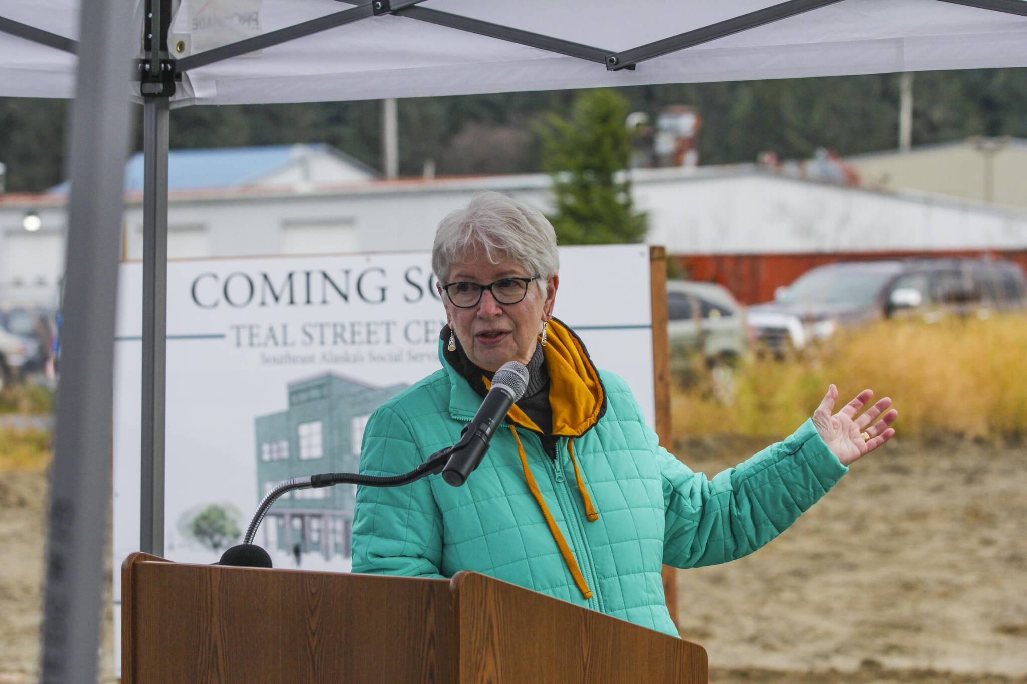 Chair of the Teal Street Center Campaign Committee Sioux Douglas speaks during the groundbreaking ceremony for the Teal Street Center, a multi-tenant building housing a number of nonprofit and tribal services for Southeast residents next to the Glory Hall on Nov. 2, 2021. Douglas was recently named Philanthropist of the Year award during the Juneau Community Foundation’s annual Philanthropy recognition event. (Michael S. Lockett / Juneau Empire File)