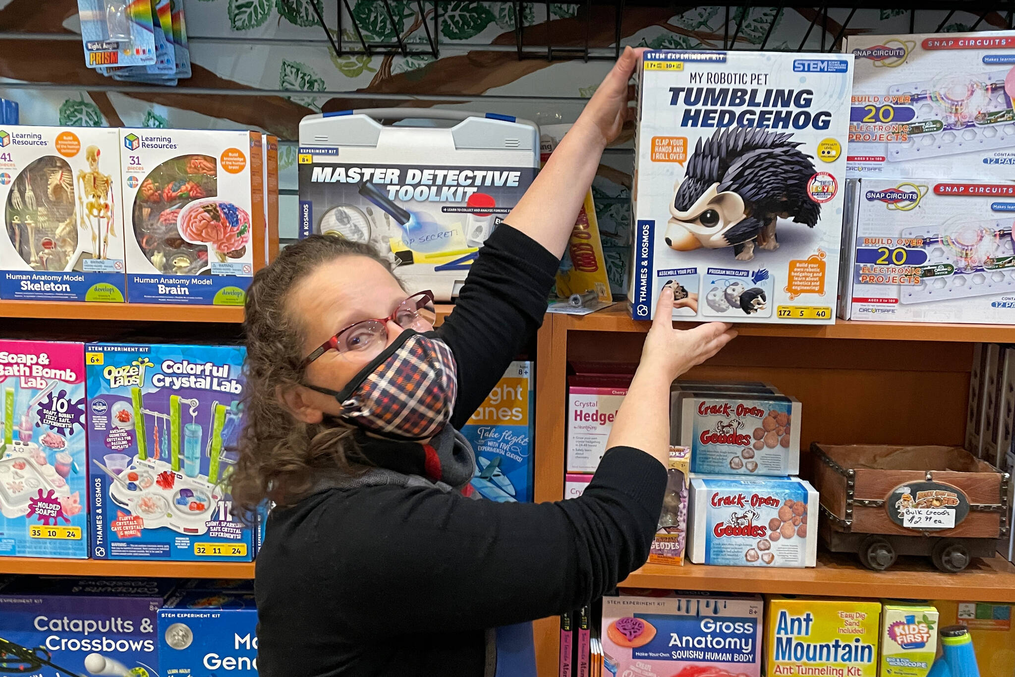 Juneau’s Imagination Station owner Alicia Smith highlights one of their best-selling items at the store this holiday, a robotic hedgehog. (Michael S. Lockett / Juneau Empire)
