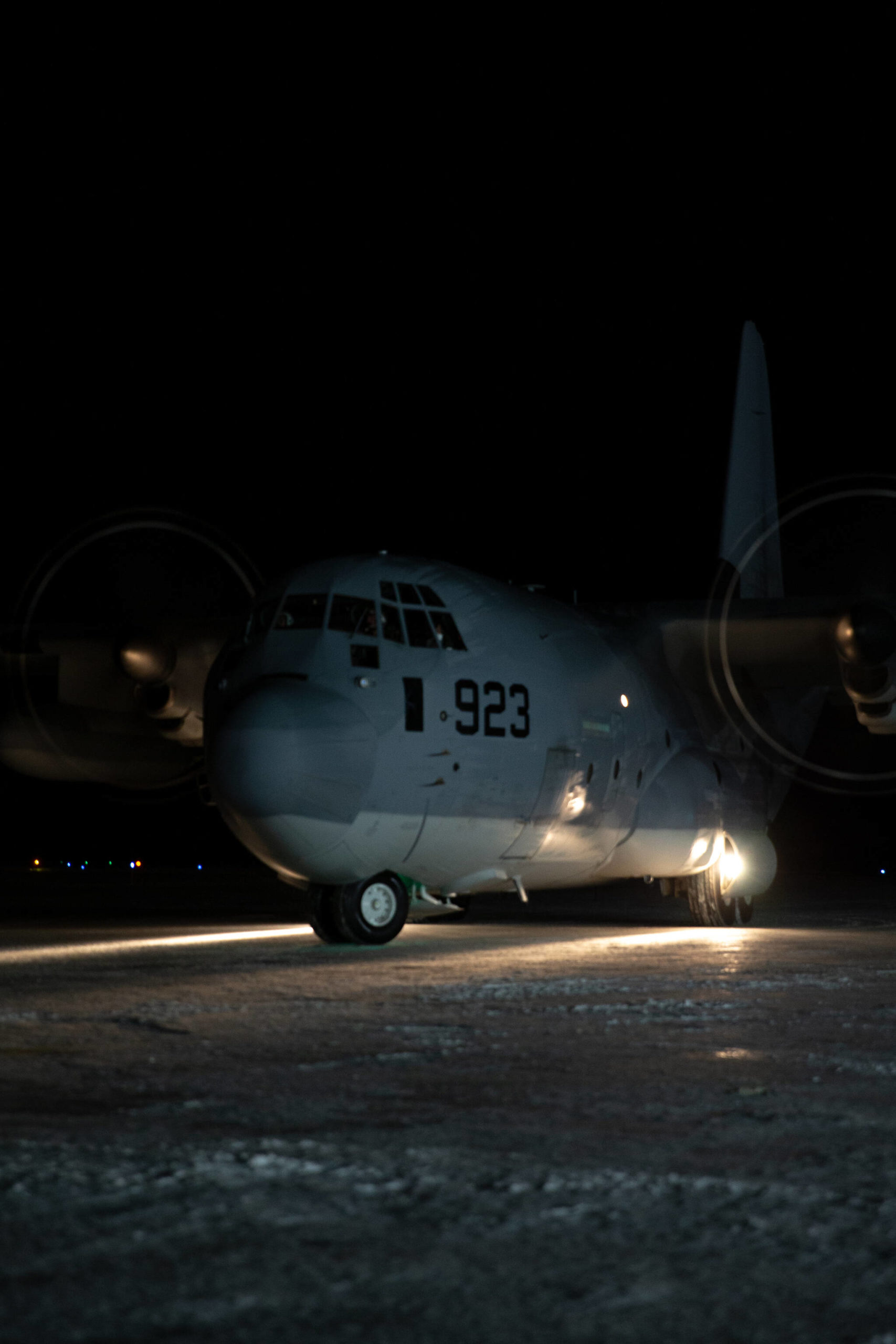 A U.S. Marine Corps KC-130J Super Hercules assigned to Marine Aerial Refueler Transport Squadron 152, 1st Marine Aircraft Wing, taxis the runway to deliver the snowmobiles and gear in support of Marines with Delta Company, 4th Law Enforcement Battalion, Marine Forces Reserve at Kotzebue, Alaska, Dec. 8, 2021. (U.S. Marine Corps / Cpl. Brendan Mullin)