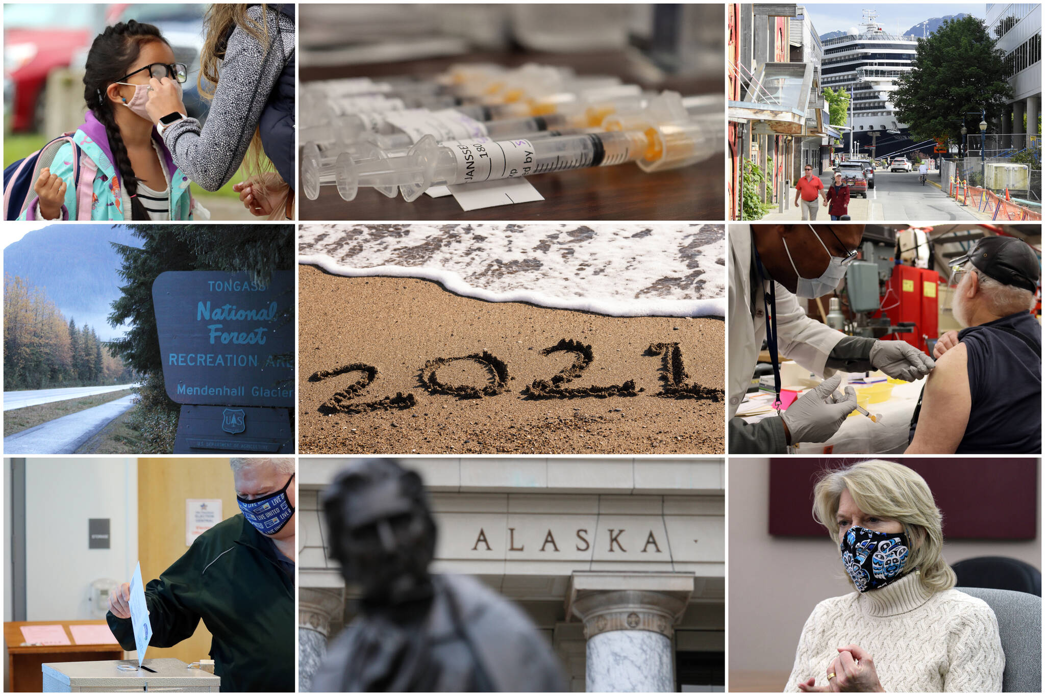 This combination image shows photos from stories that defined 2021. Top left, Vanessa Dickinson adjusts second grade student Kanani Dickinson’s glasses ahead of the first day of school. Top middle, doses of COVID-19 vaccination await arms during a vaccine clinic. Top right, a cruise ship looms large over downtown Juneau. Middle left, a sign marks the Mendenhall Glacier Recreation Area as part of the Tongass National Forest. Middle, the bygone calendar year is written in the sand. Middle right, Alan Salsman receives the Johnson & Johnson COVID-19 vaccine from VA nurse Michael Addo at Coast Guard Station Juneau. Bottom left, School board member Emil Mackey casts a ballot in Juneau’s municipal election. Bottom middle, the Alaska State Capitol stands behind a statue of William H. Seward. Bottom left, Sen. Lisa Murkowski talks during a sitdown in the Empire offices. (Juneau Empire Photos, Engin Akyurt / Unsplash)