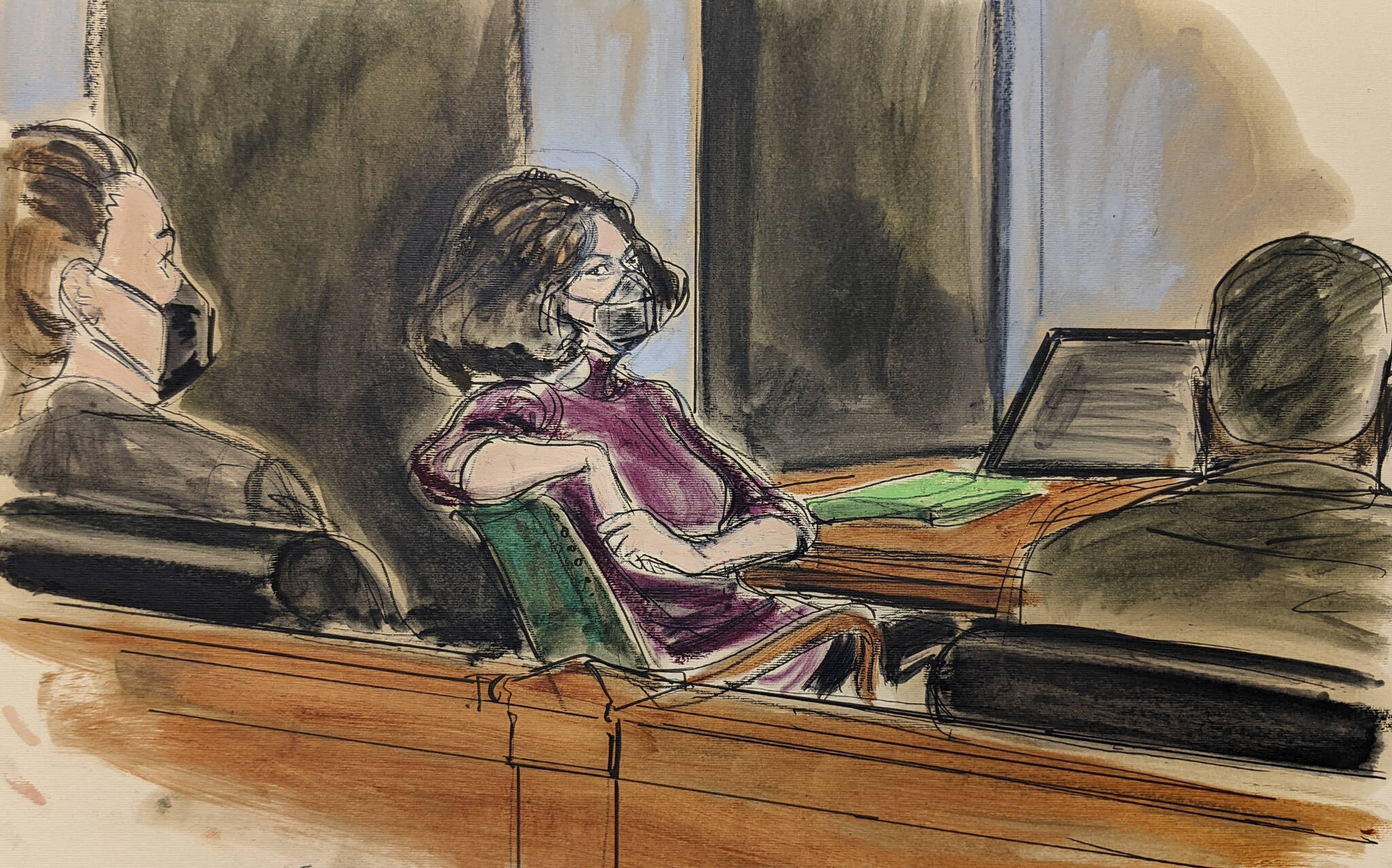 AP Photo / Elizabeth Williams
In this courtroom sketch, Ghislaine Maxwell, center, sits in the courtroom Wednesday during a discussion about a note from the jury during her sex trafficking trial in New York.
