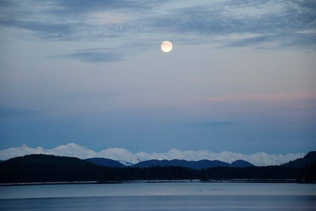 A “Wolf Moon” shines bright over Fritz Cove on the morning of January 18, 2022. (Courtesy Photo / Bill Andrews)