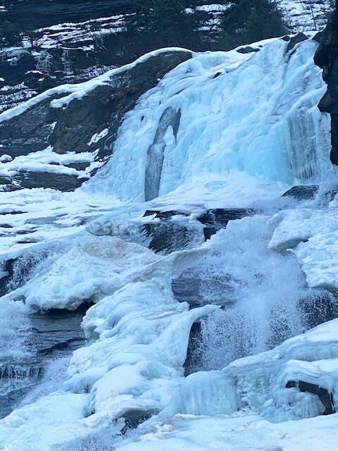 A bluish tint to the top of icy Nugget Falls as water cascades over lower boulders as seen on Jan. 8, 2022. (Courtesy Photo / Denise Carroll)
A bluish tint to the top of icy Nugget Falls as water cascades over lower boulders as seen on Jan. 8, 2022. (Courtesy Photo / Denise Carroll)