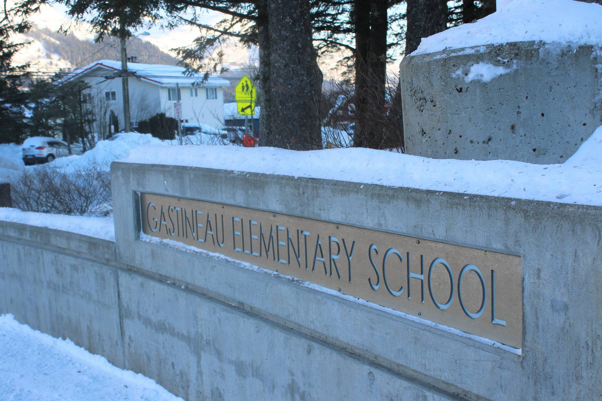 Snow sits atop the Sayéik: Gastineau Community School sign on Jan. 4. (Dana Zigmund/Juneau Empire)