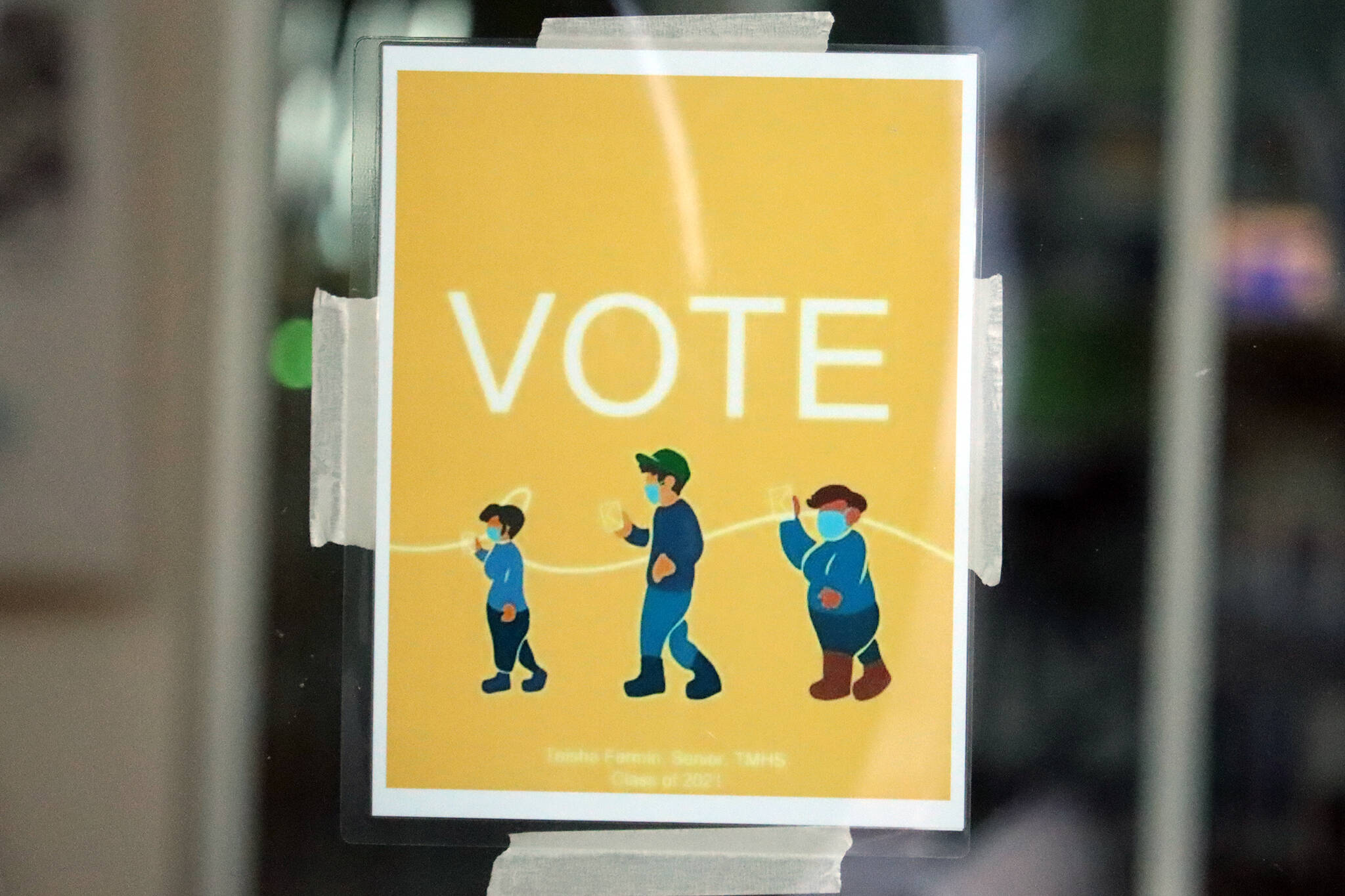 A sign designates a vote center during the recent municipal election. The center offered a spot for voters to drop off ballots or fill a ballot out in person. (Ben Hohenstatt / Juneau Empire)