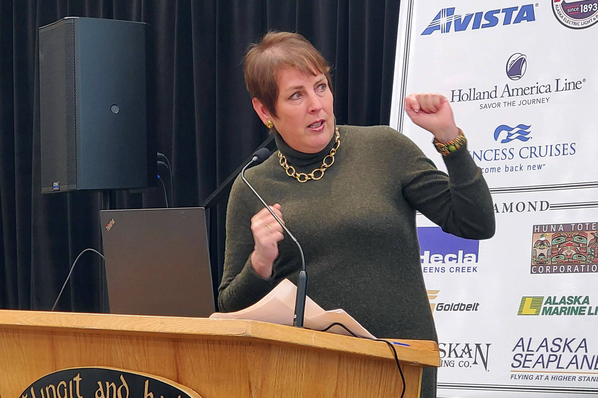 In this March 2020 photo, Alaska Permanent Fund Corporation Chief Executive Officer Angela Rodell speaks to the Greater Juneau Chamber of Commerce in Elizabeth Peratrovich Hall. (Ben Hohenstatt / Juneau Empire File)