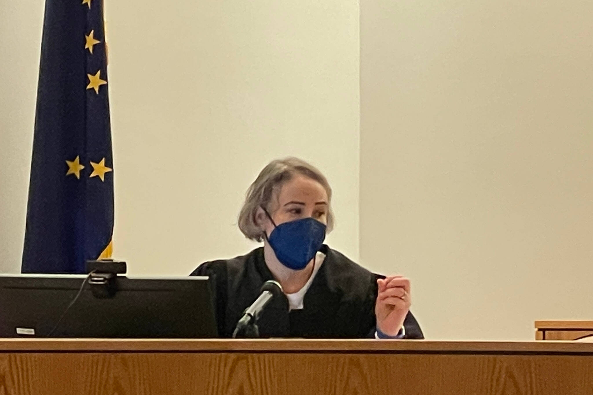 Superior Court Judge Amy Mead delivers an instruction to the jury on Jan. 13, 2021 as she presides over the trial of a man charged with killing another man in Yakutat in 2018. (Michael S. Lockett / Juneau Empire File)
