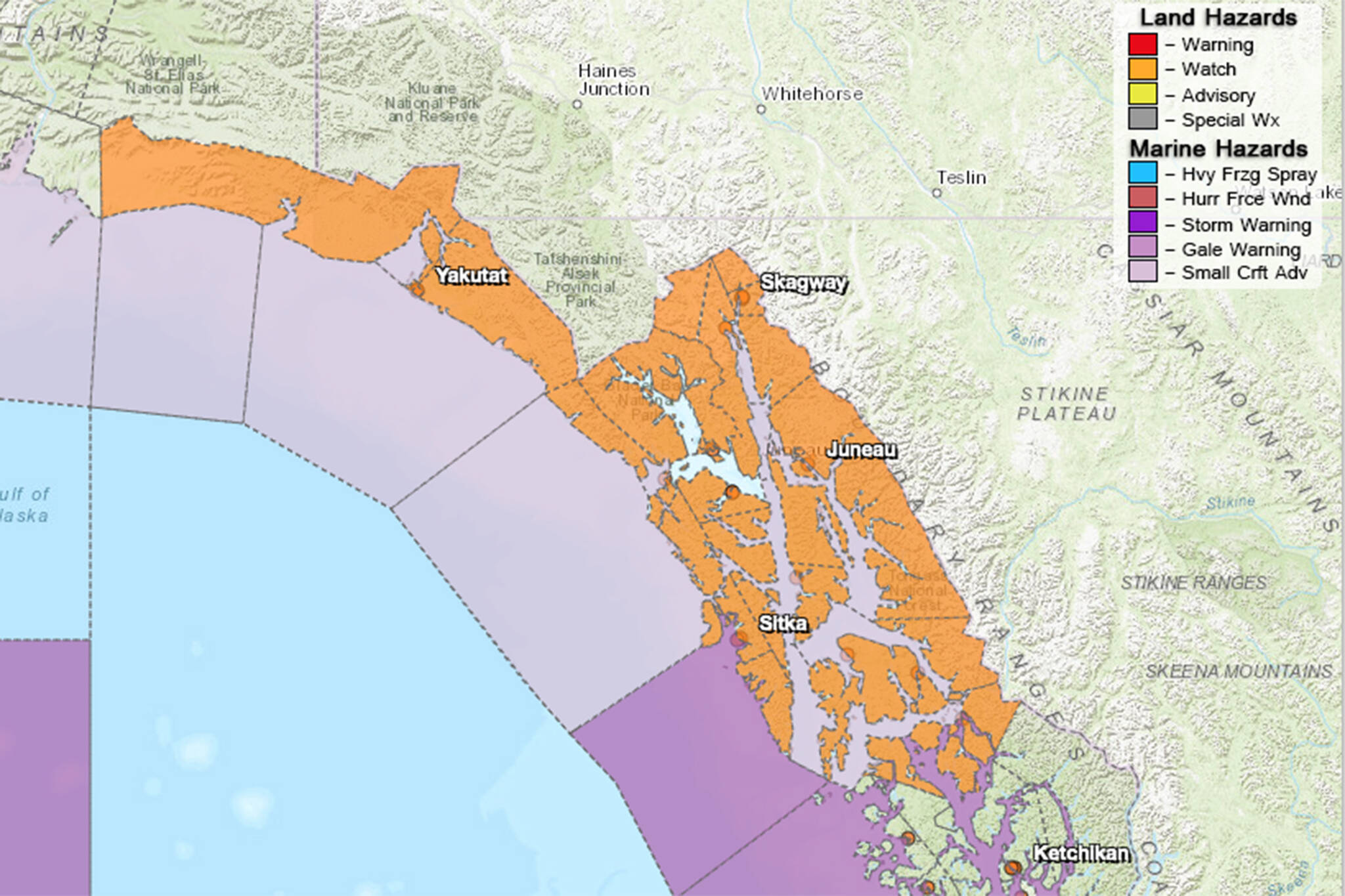 This National Weather Service map shows hazards around Southeast Alaska. An atmospheric river in the area has produced record-setting rain and flood watches throughout the region. (Screenshot)
